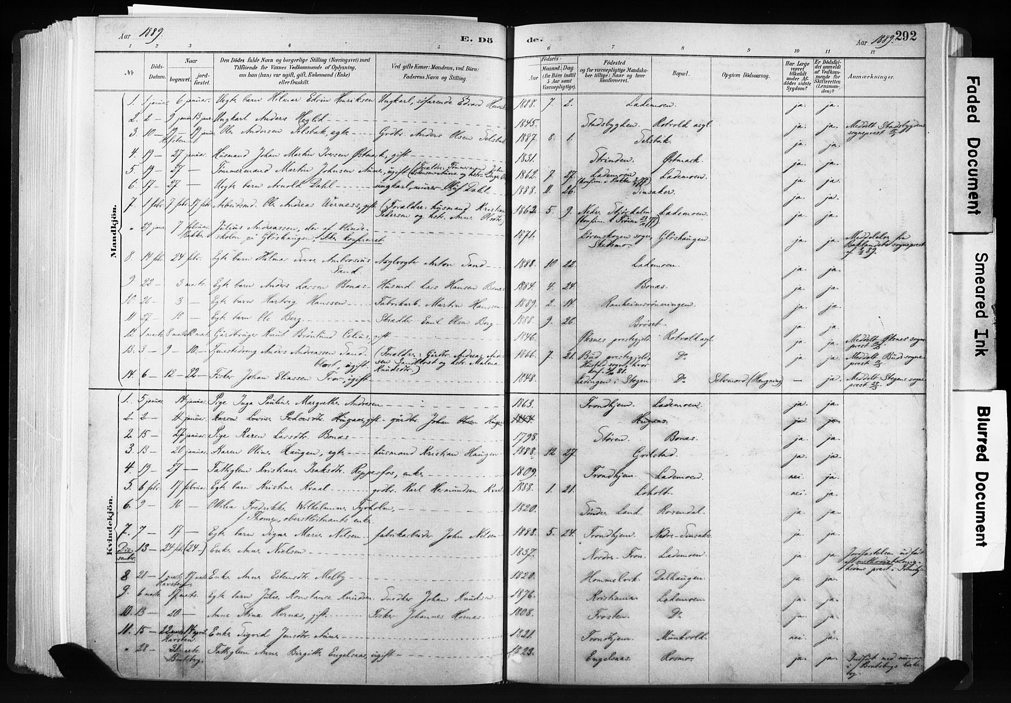 Ministerialprotokoller, klokkerbøker og fødselsregistre - Sør-Trøndelag, SAT/A-1456/606/L0300: Parish register (official) no. 606A15, 1886-1893, p. 292