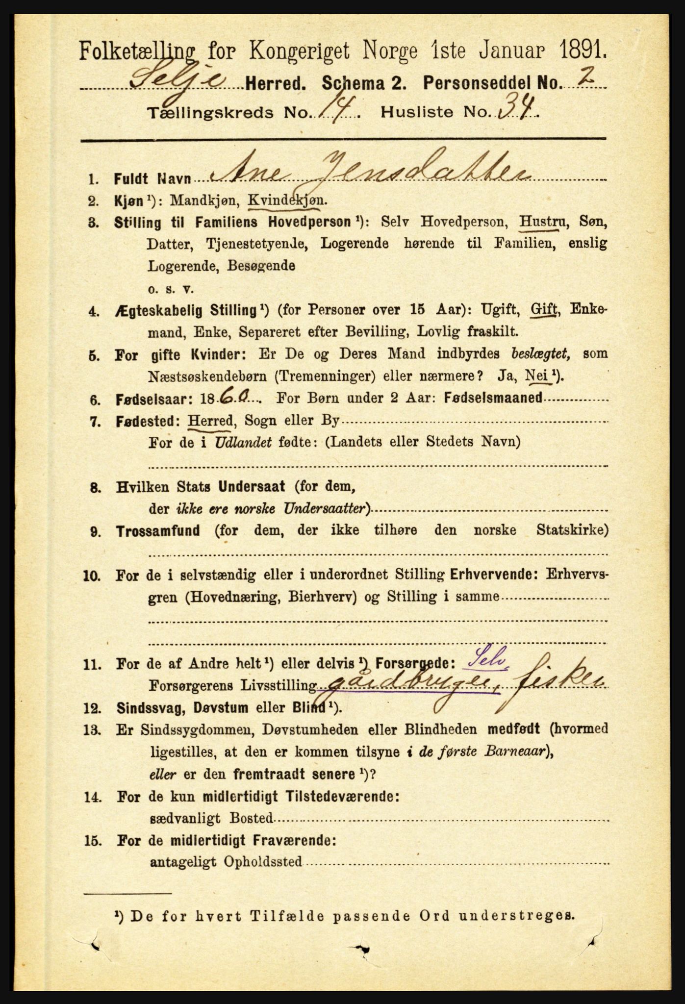 RA, 1891 census for 1441 Selje, 1891, p. 4638