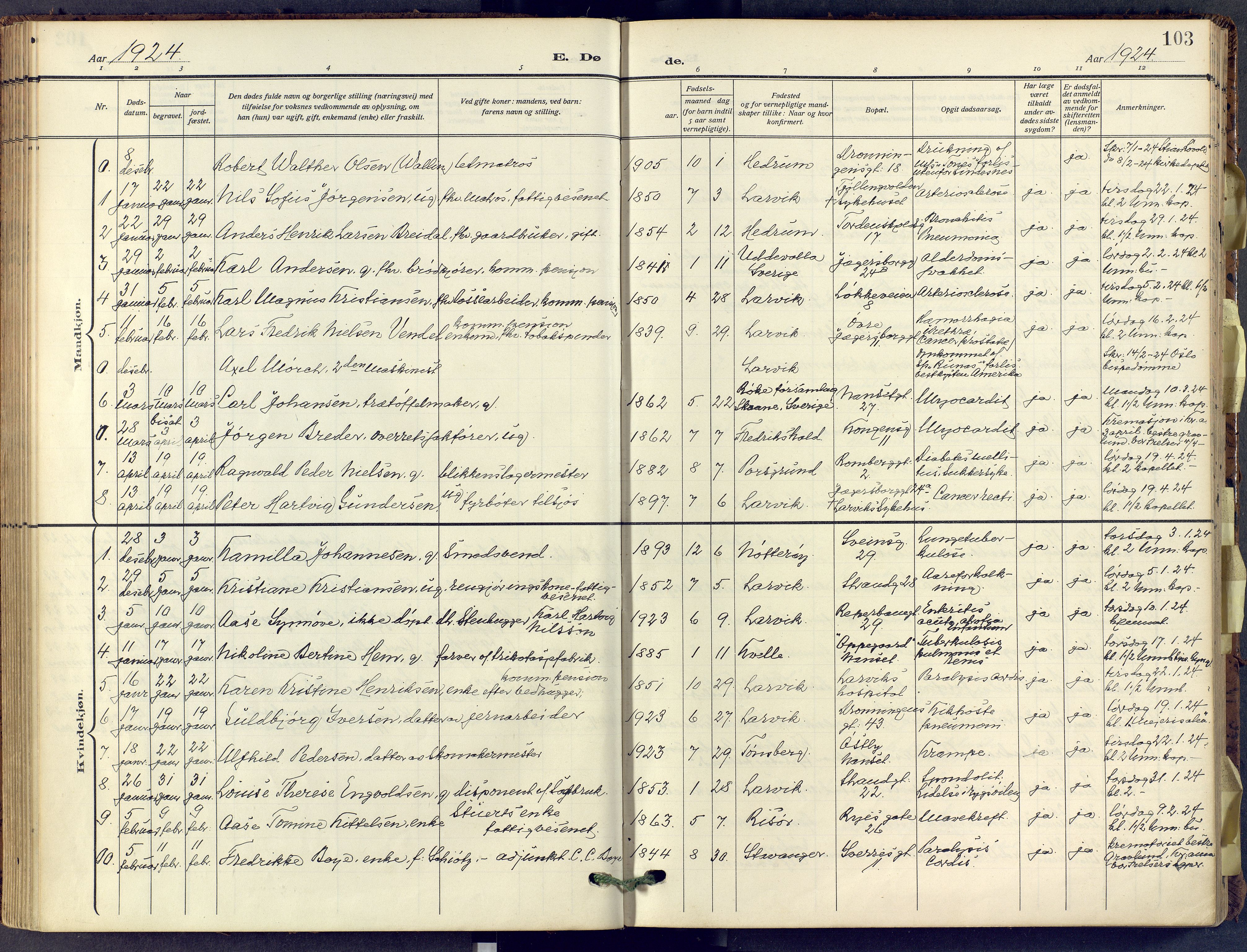 Larvik kirkebøker, SAKO/A-352/F/Fa/L0013: Parish register (official) no. I 13, 1910-1960, p. 103