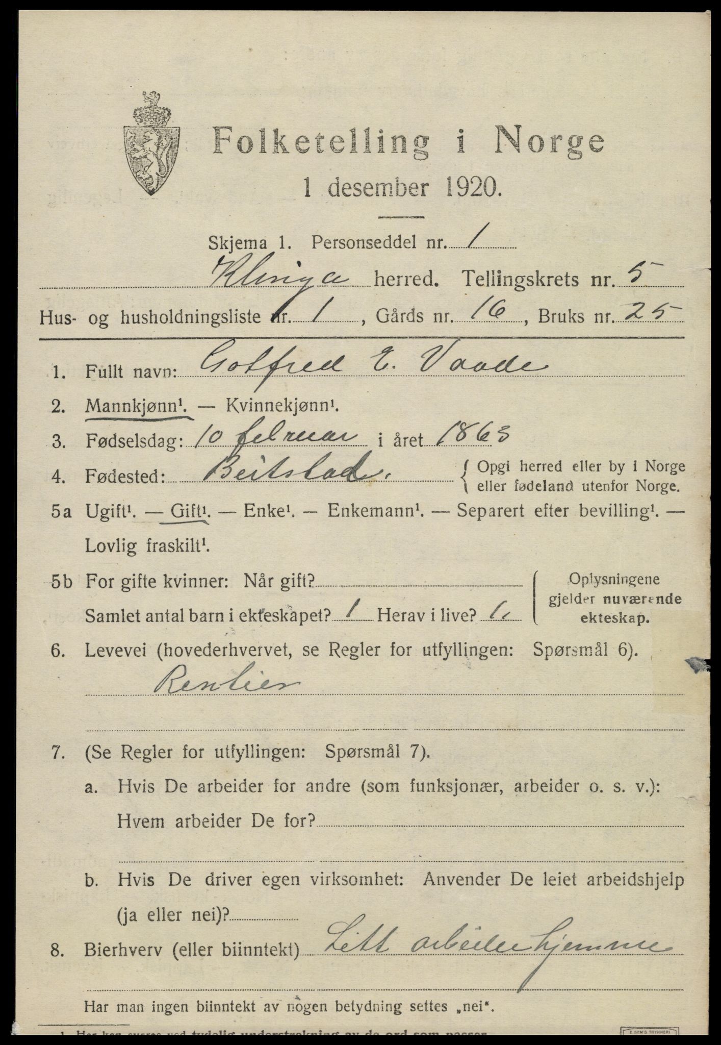 SAT, 1920 census for Klinga, 1920, p. 2861