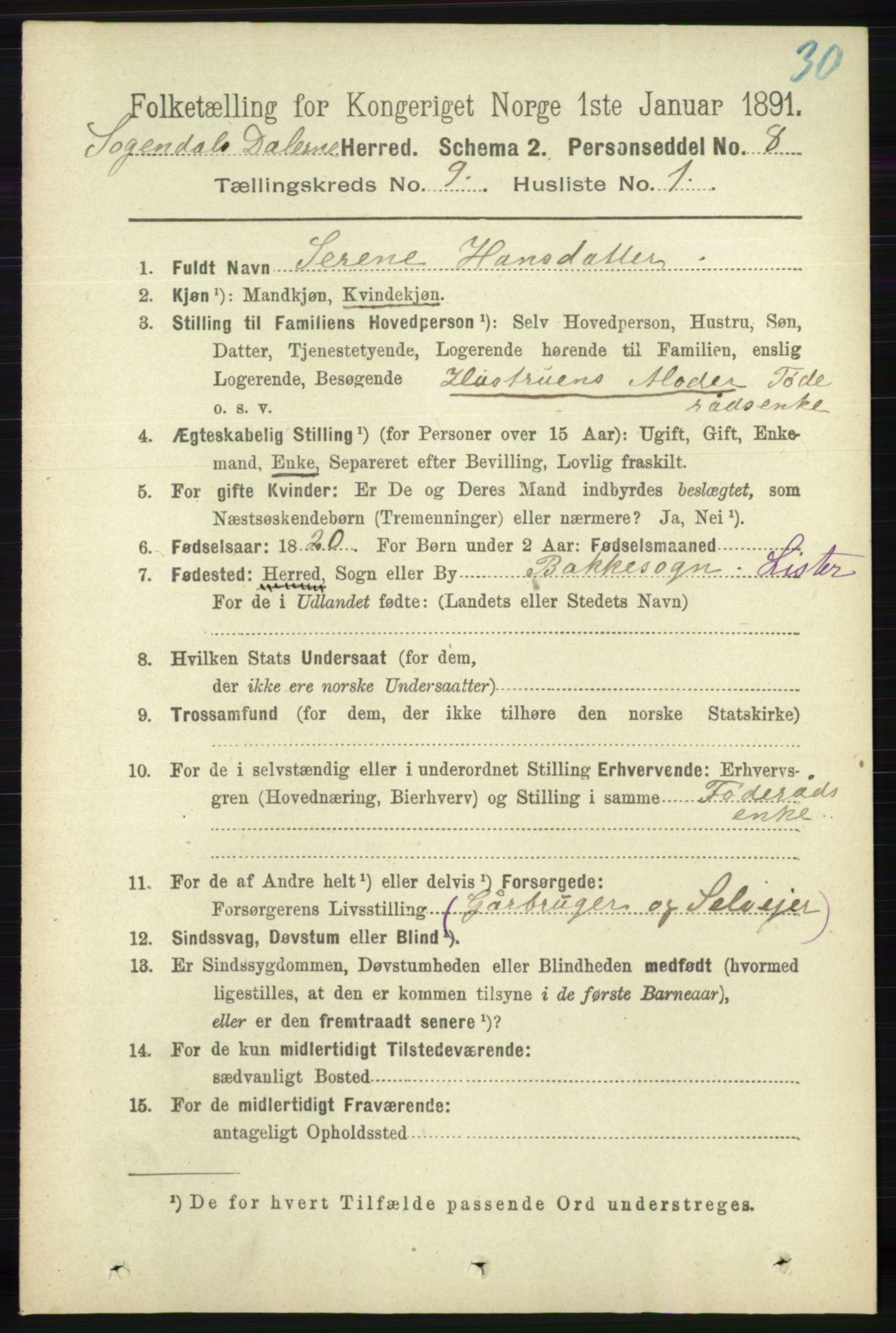 RA, 1891 census for 1111 Sokndal, 1891, p. 3161