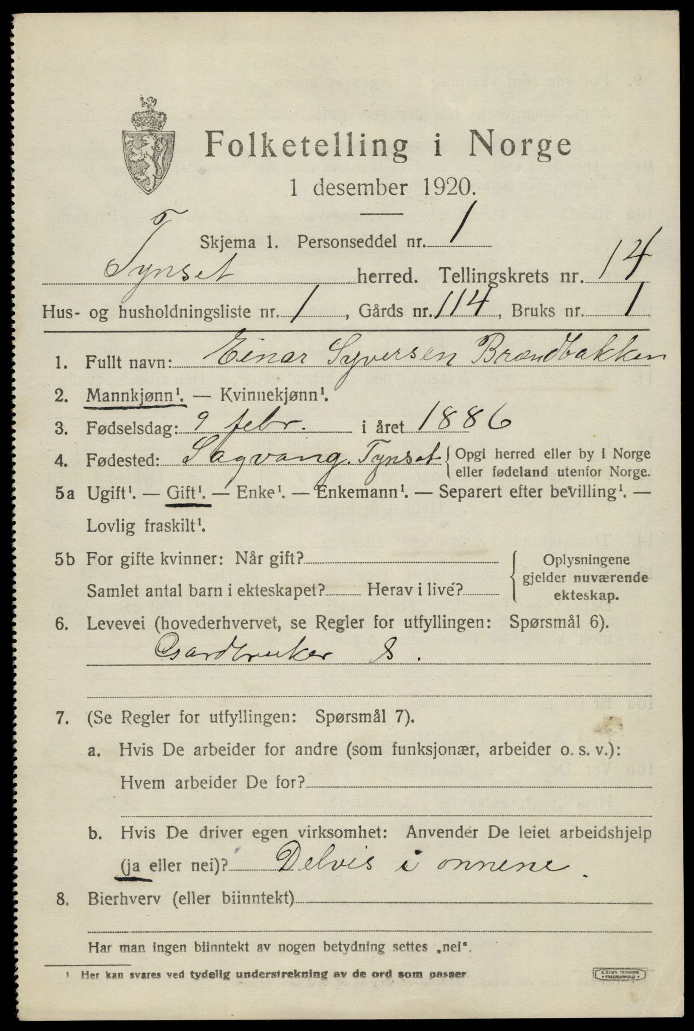 SAH, 1920 census for Tynset, 1920, p. 8928