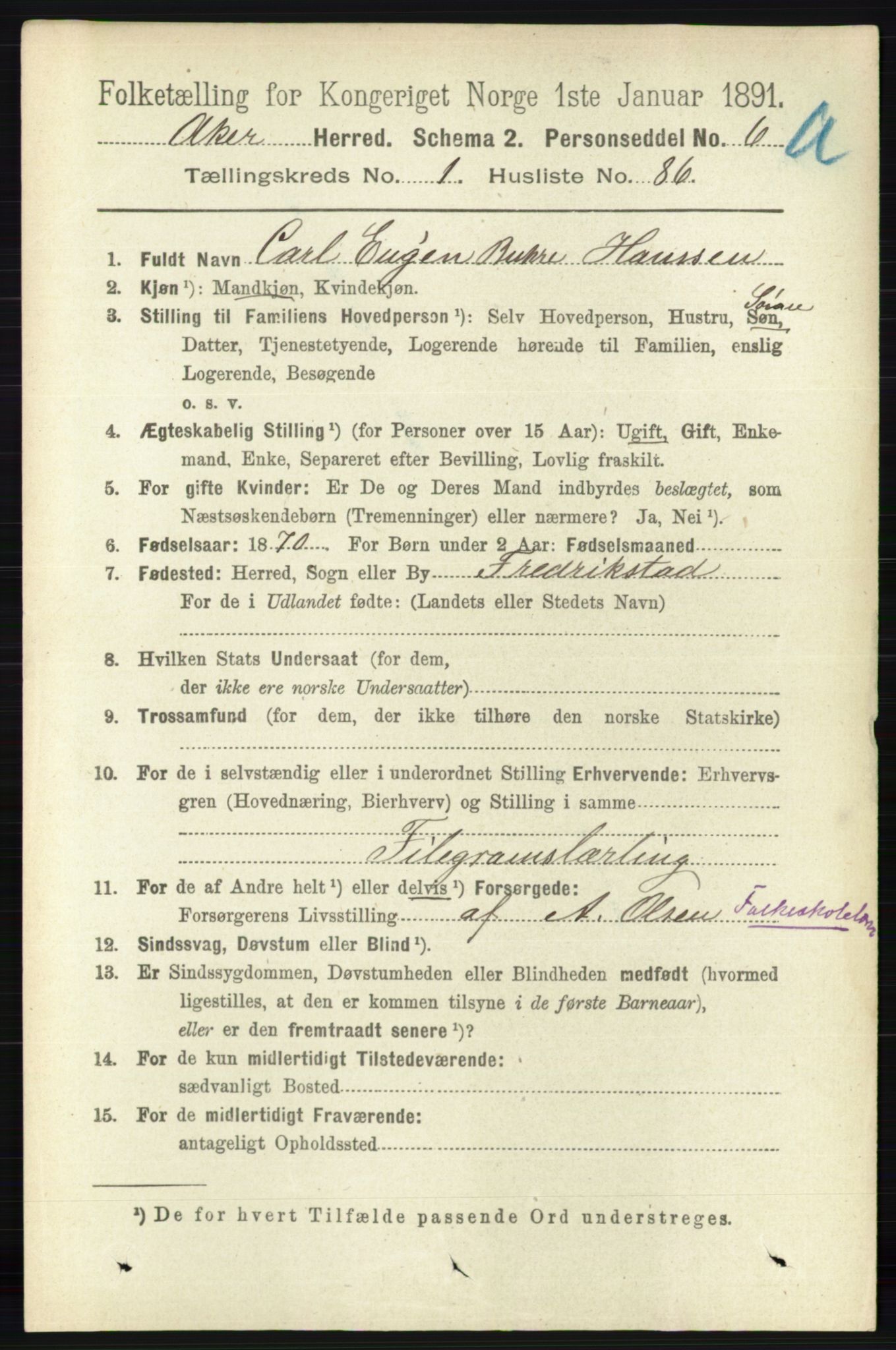 RA, 1891 census for 0218 Aker, 1891, p. 1174