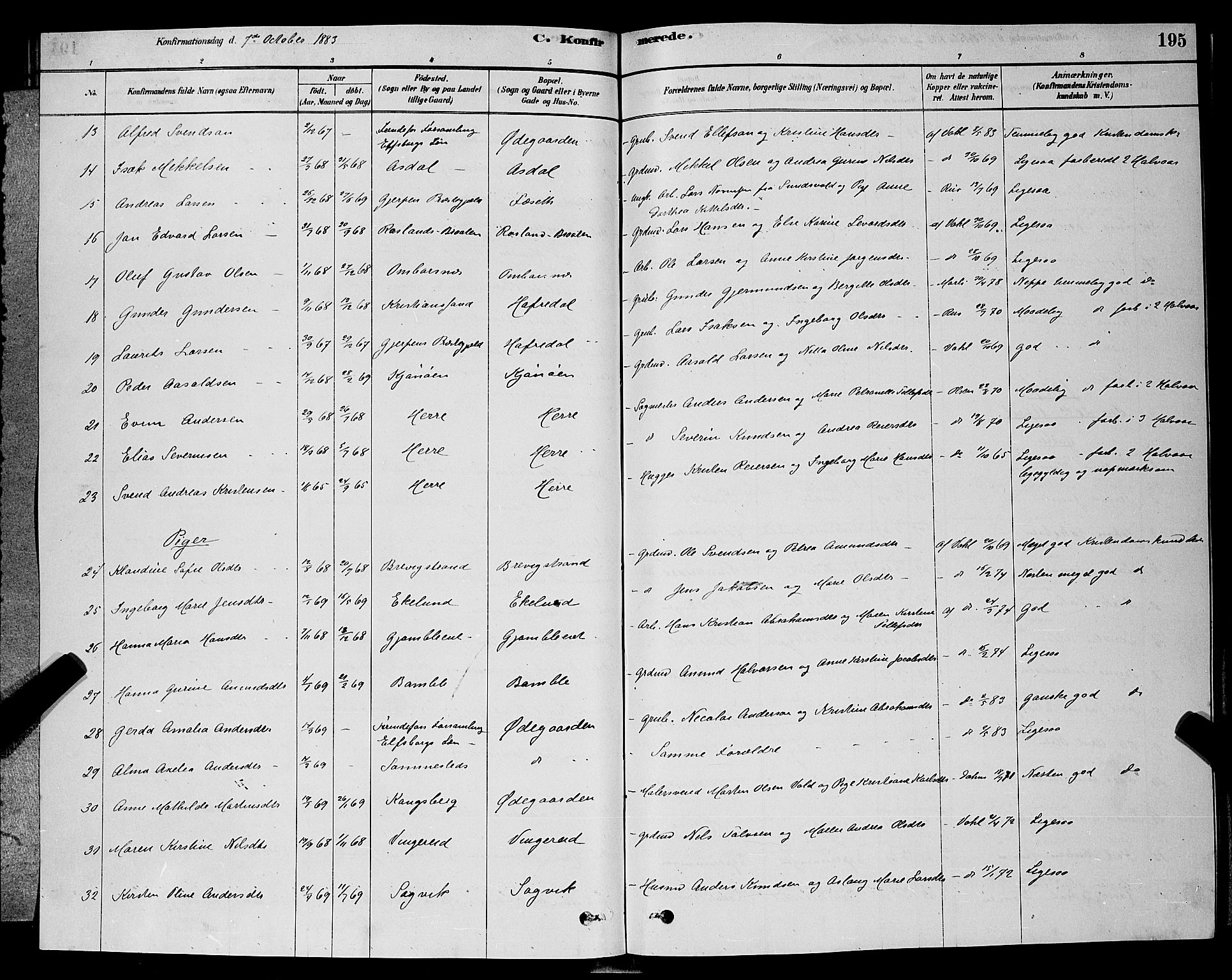 Bamble kirkebøker, AV/SAKO-A-253/G/Ga/L0008: Parish register (copy) no. I 8, 1878-1888, p. 195