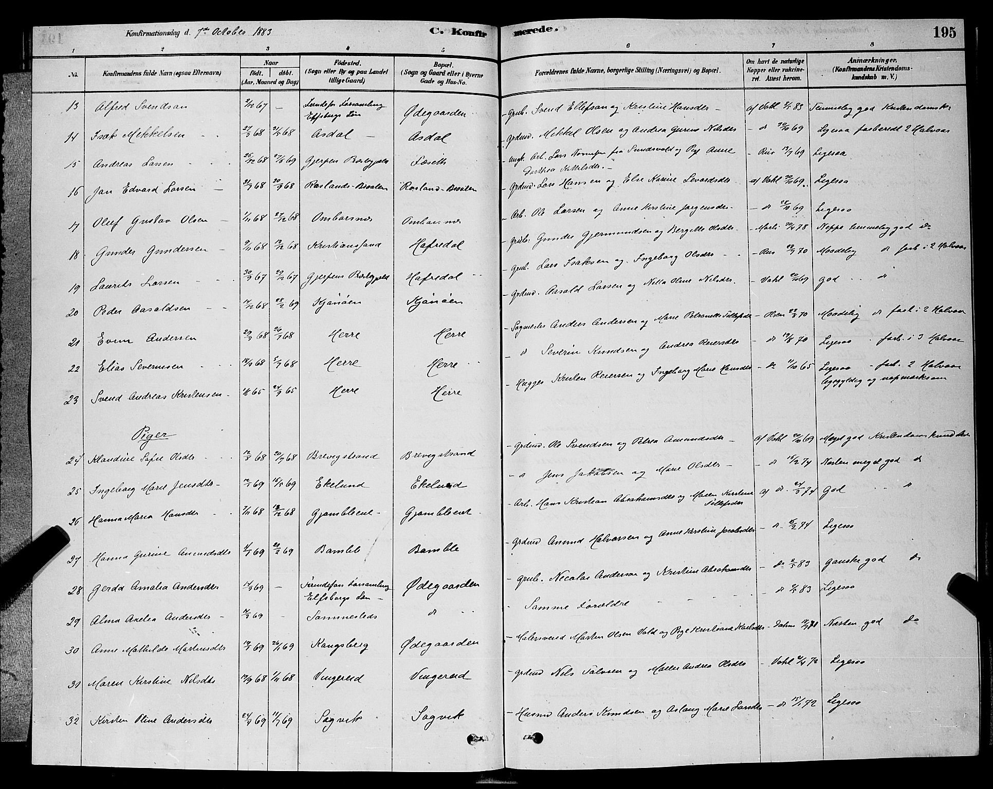 Bamble kirkebøker, SAKO/A-253/G/Ga/L0008: Parish register (copy) no. I 8, 1878-1888, p. 195