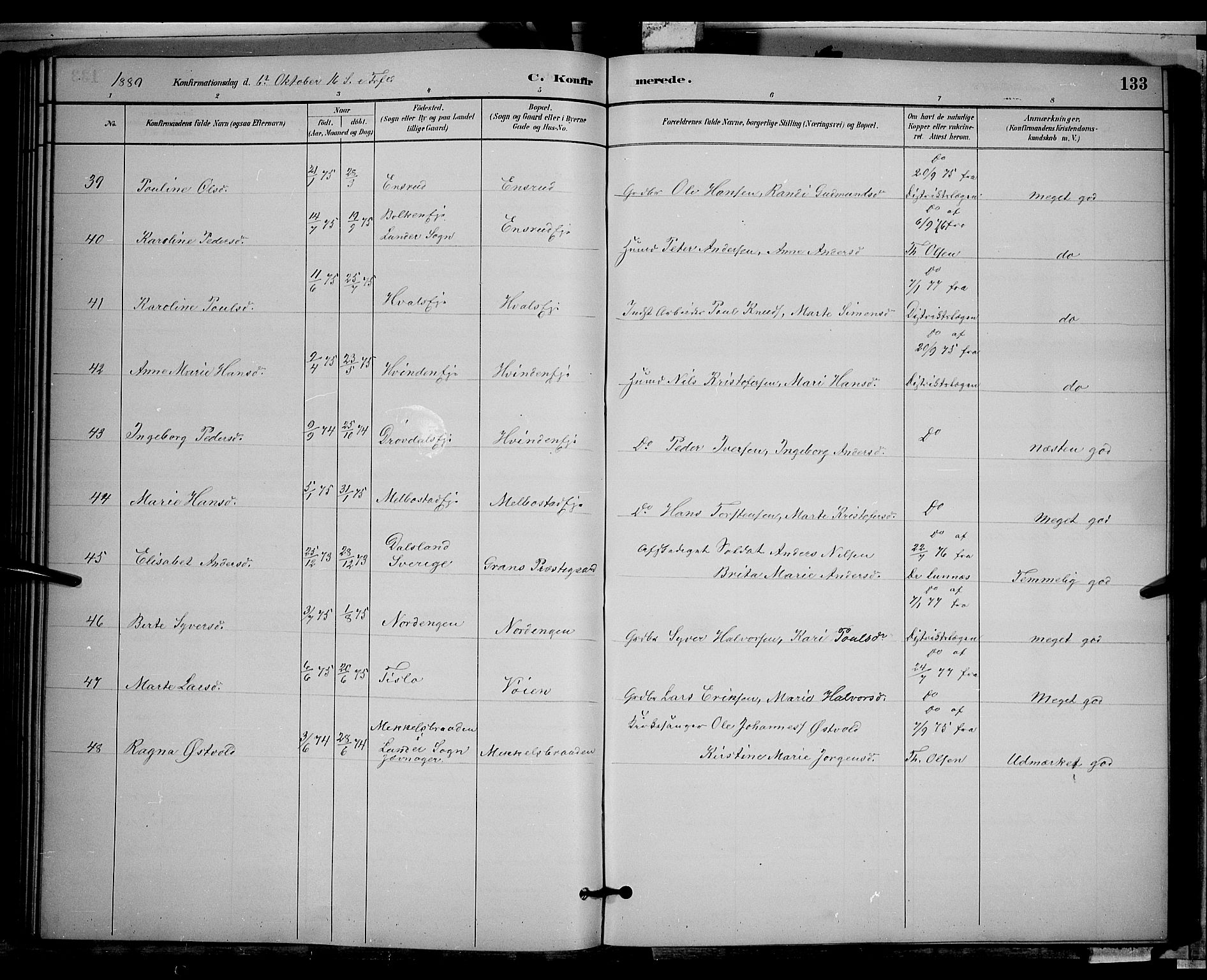 Gran prestekontor, AV/SAH-PREST-112/H/Ha/Hab/L0002: Parish register (copy) no. 2, 1879-1892, p. 133