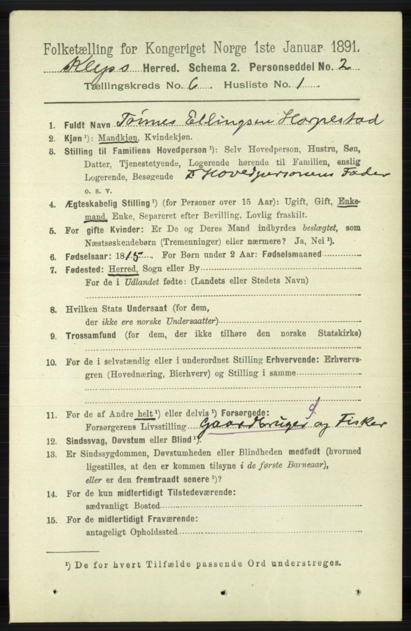 RA, 1891 census for 1120 Klepp, 1891, p. 1717