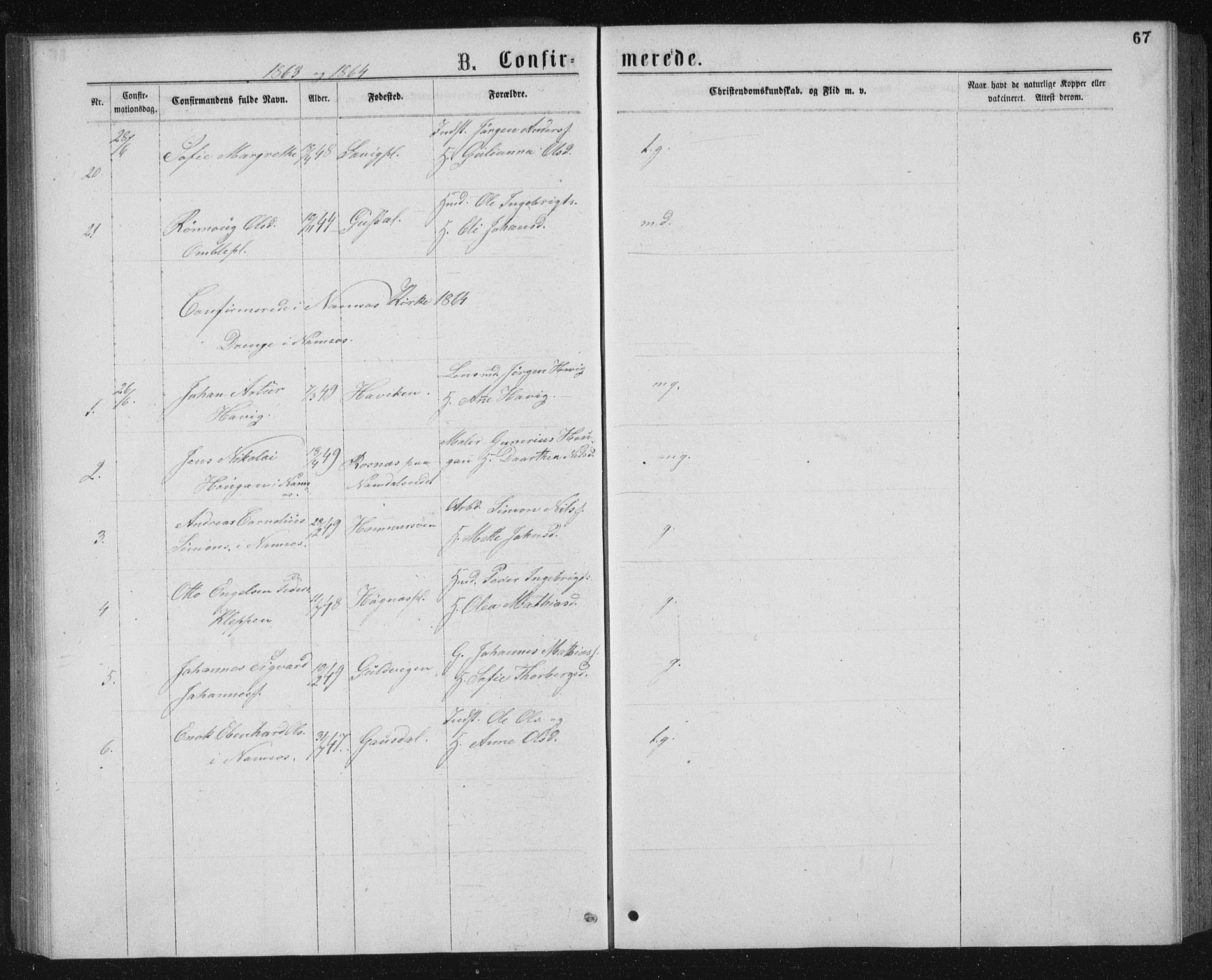 Ministerialprotokoller, klokkerbøker og fødselsregistre - Nord-Trøndelag, SAT/A-1458/768/L0567: Parish register (official) no. 768A02, 1837-1865, p. 67