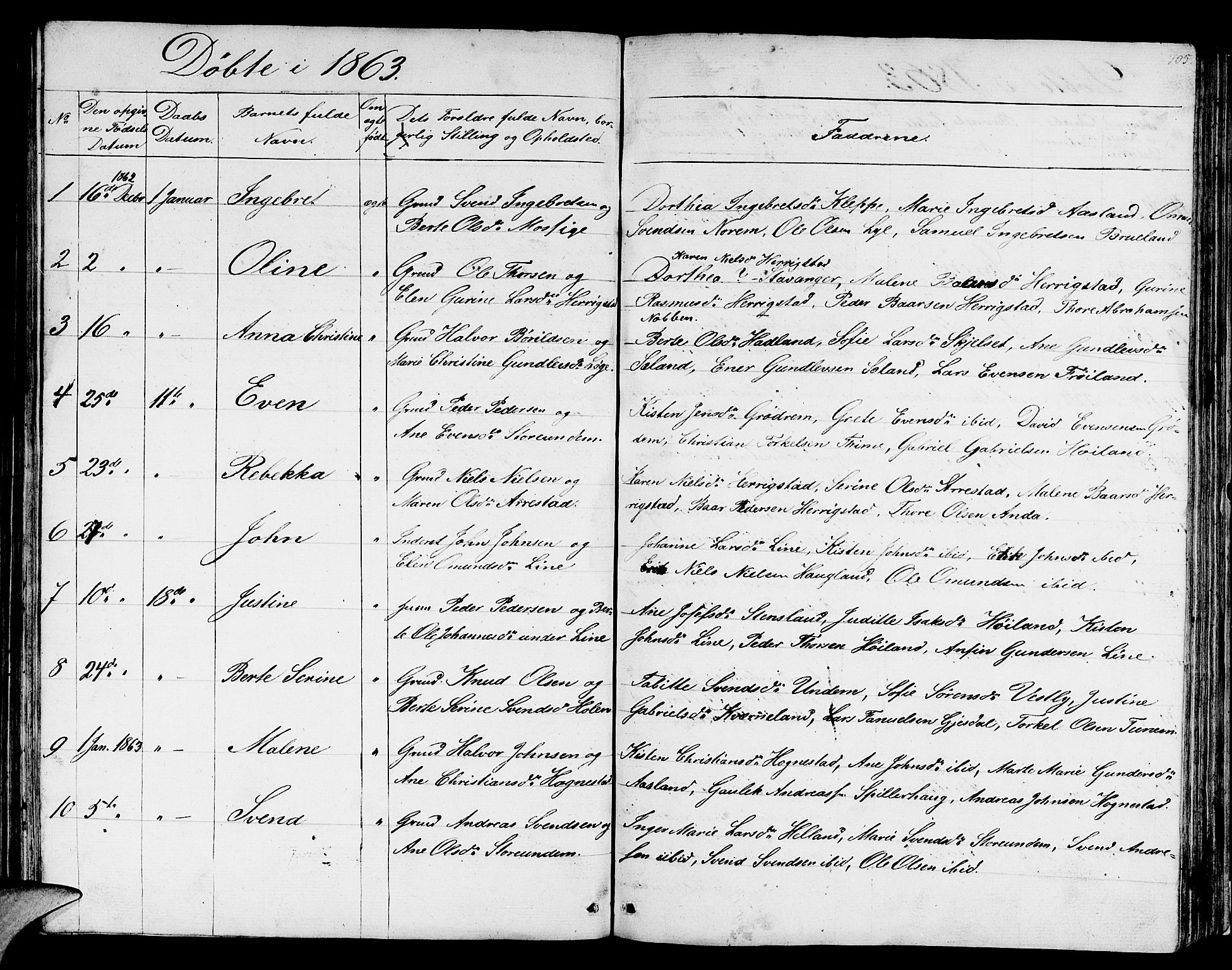 Lye sokneprestkontor, SAST/A-101794/001/30BB/L0002: Parish register (copy) no. B 2, 1852-1867, p. 105