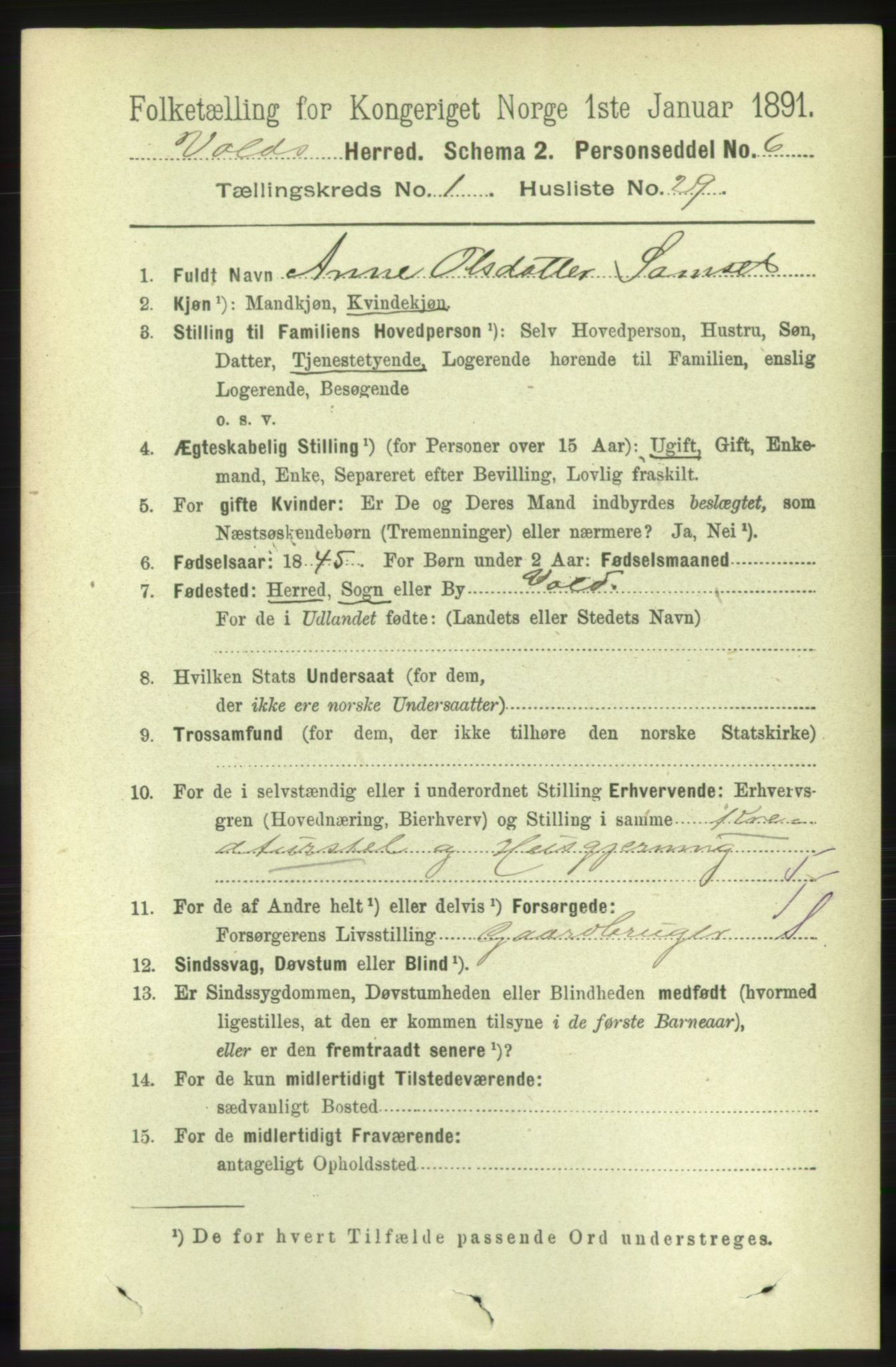 RA, 1891 census for 1537 Voll, 1891, p. 258