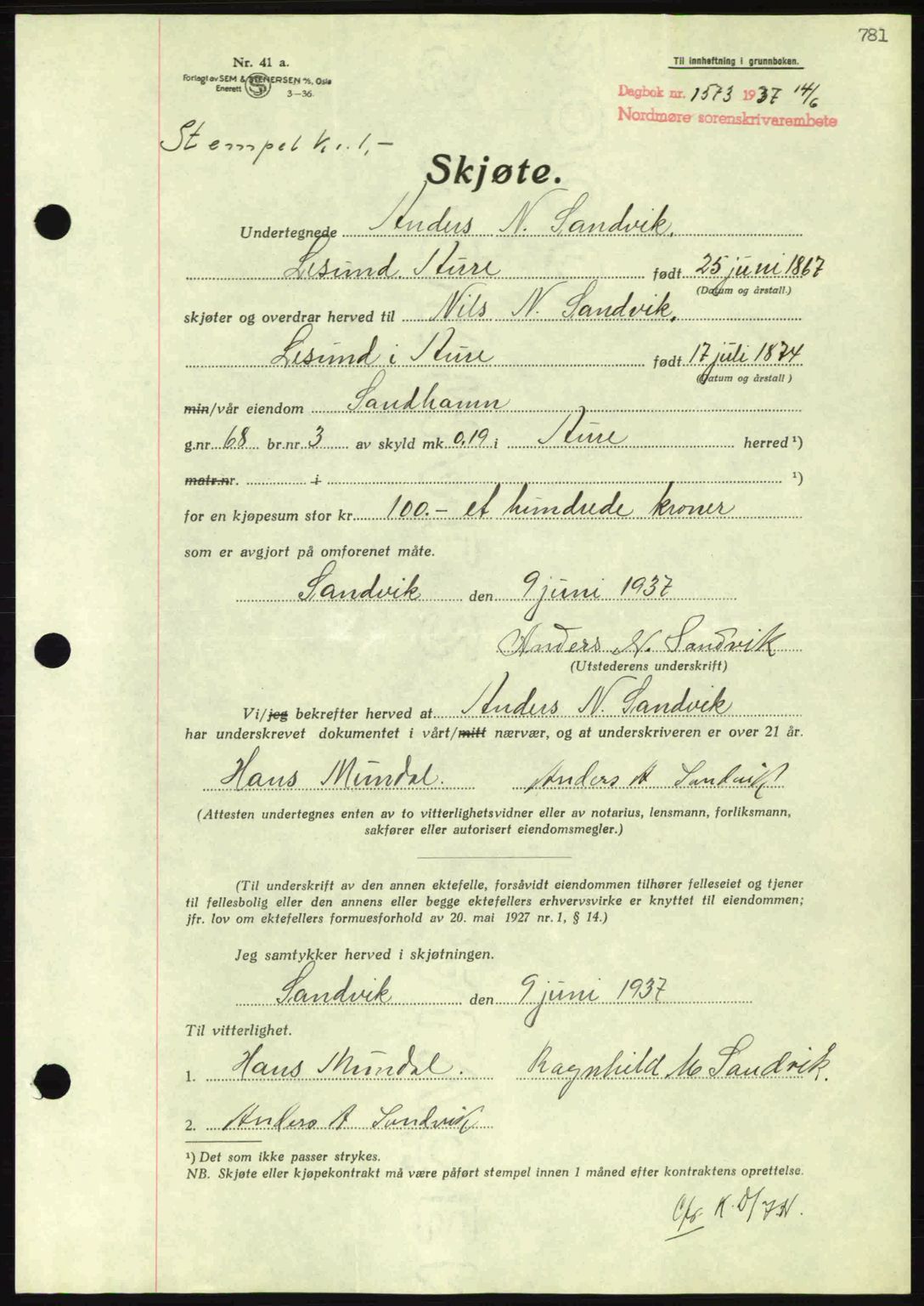 Nordmøre sorenskriveri, AV/SAT-A-4132/1/2/2Ca: Mortgage book no. A81, 1937-1937, Diary no: : 1573/1937