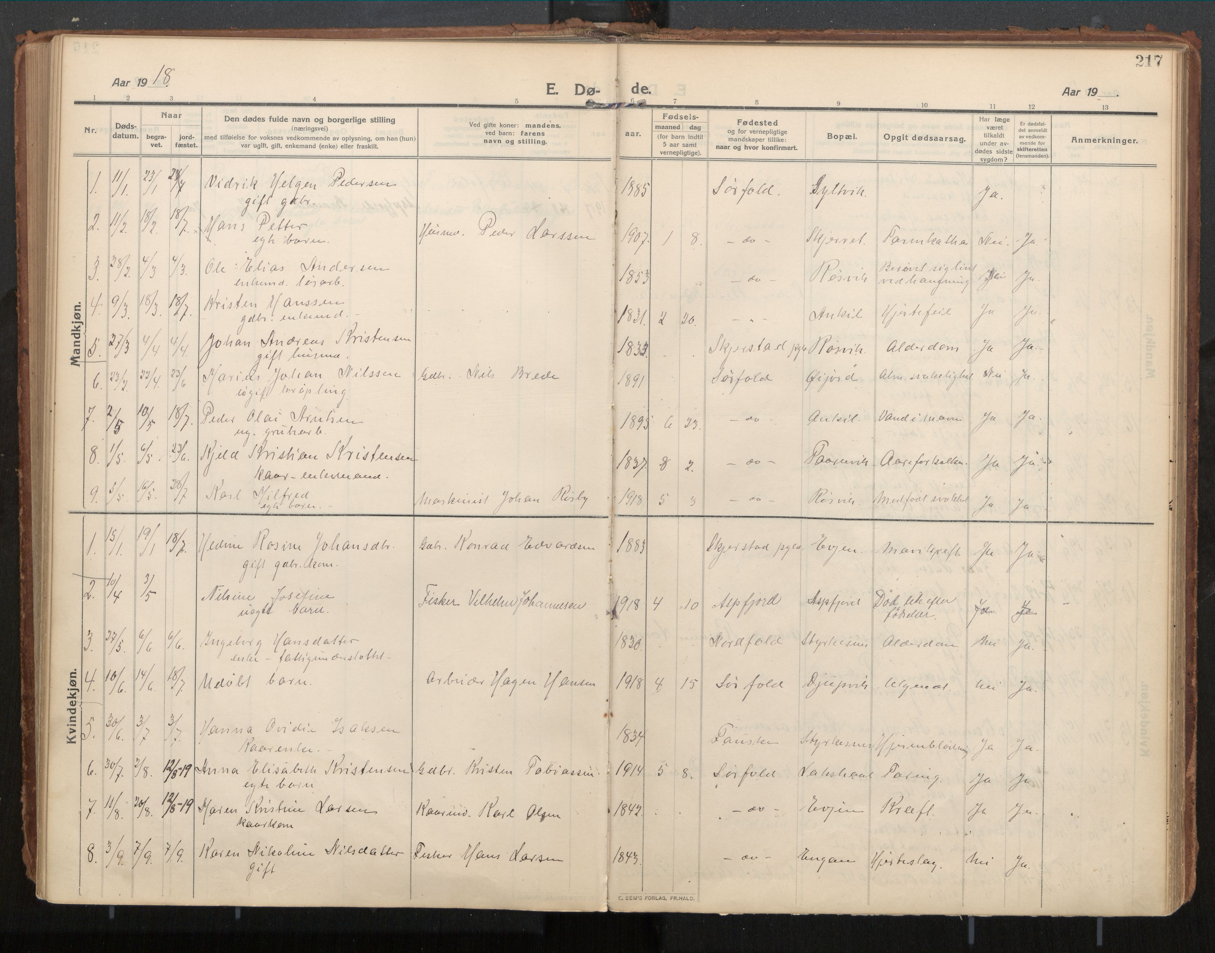Ministerialprotokoller, klokkerbøker og fødselsregistre - Nordland, SAT/A-1459/854/L0784: Parish register (official) no. 854A07, 1910-1922, p. 217