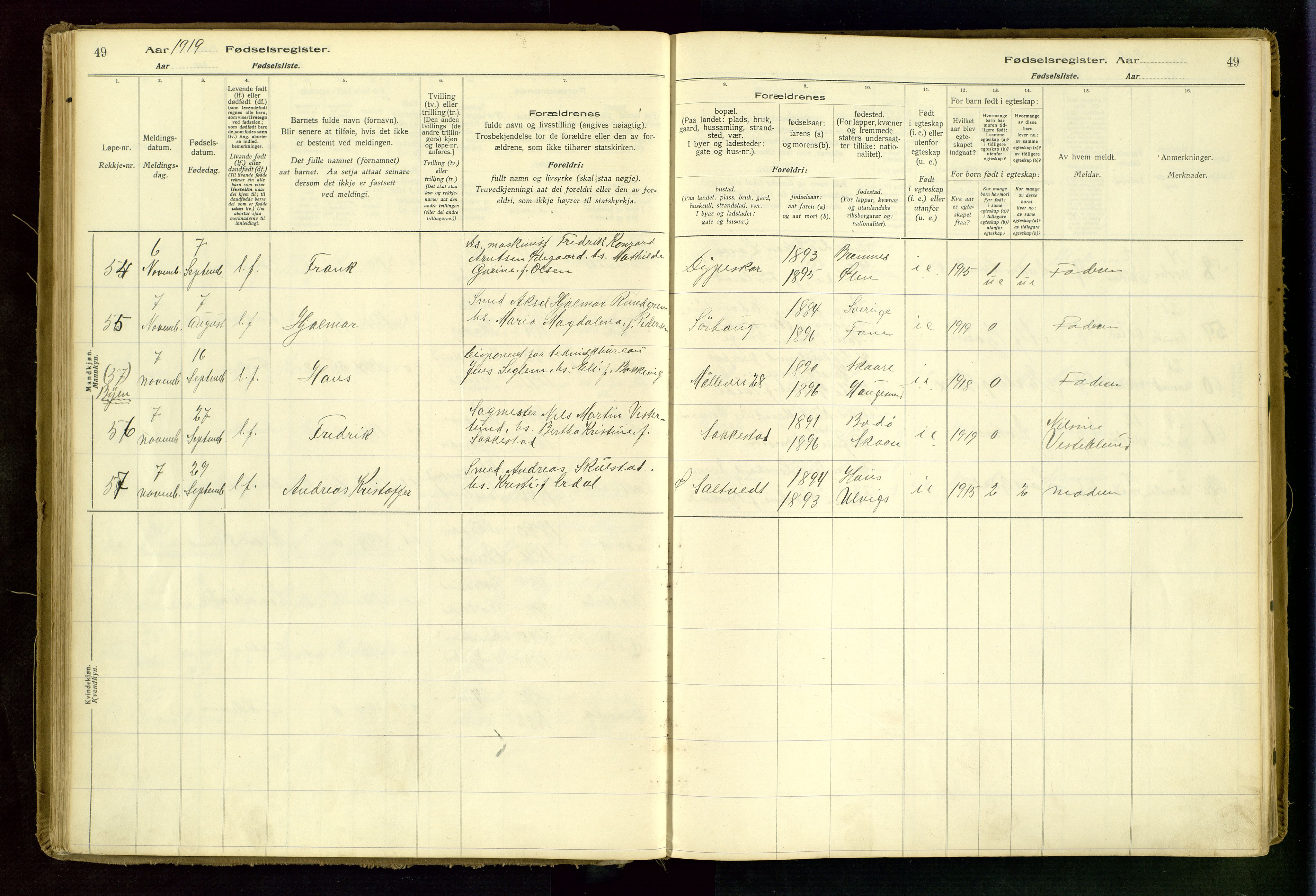 Haugesund sokneprestkontor, SAST/A -101863/I/Id/L0001: Birth register no. 1, 1916-1935, p. 49