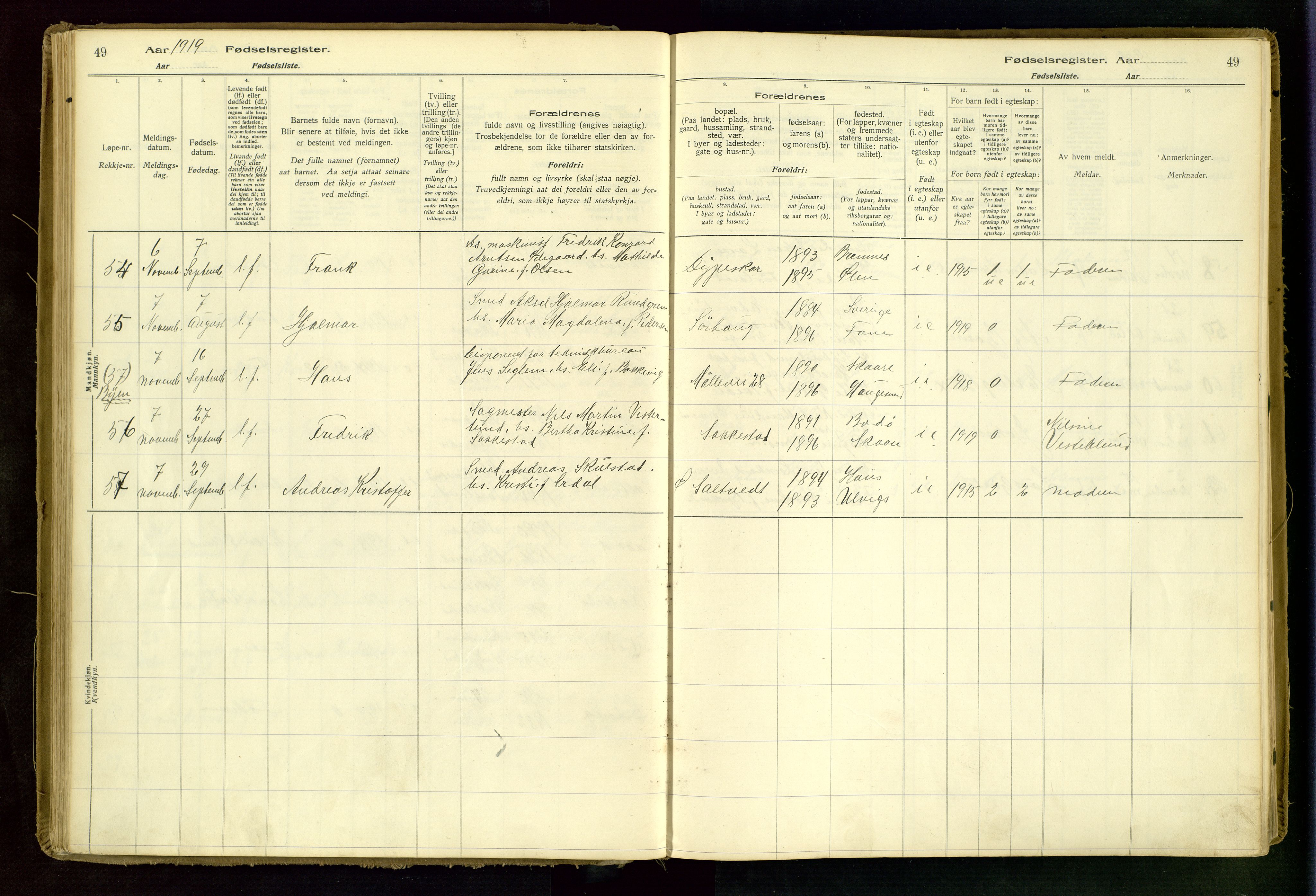 Haugesund sokneprestkontor, AV/SAST-A -101863/I/Id/L0001: Birth register no. 1, 1916-1935, p. 49