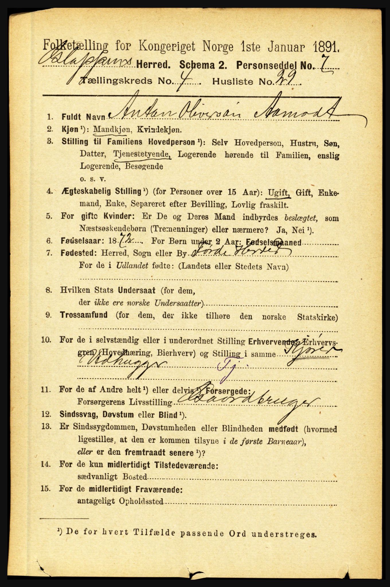 RA, 1891 census for 1445 Gloppen, 1891, p. 1923