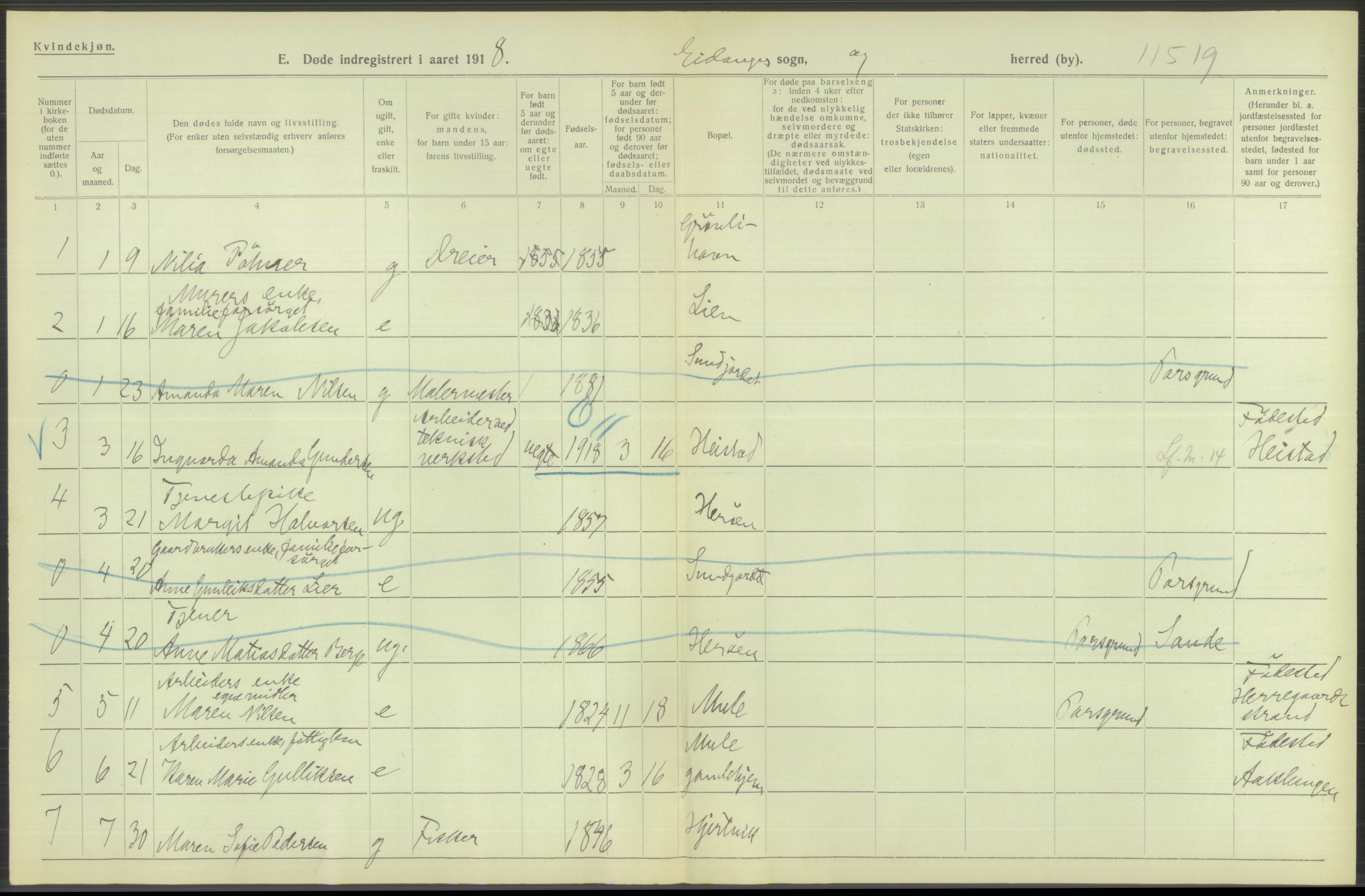 Statistisk sentralbyrå, Sosiodemografiske emner, Befolkning, AV/RA-S-2228/D/Df/Dfb/Dfbh/L0026: Telemark fylke: Døde. Bygder og byer., 1918, p. 194