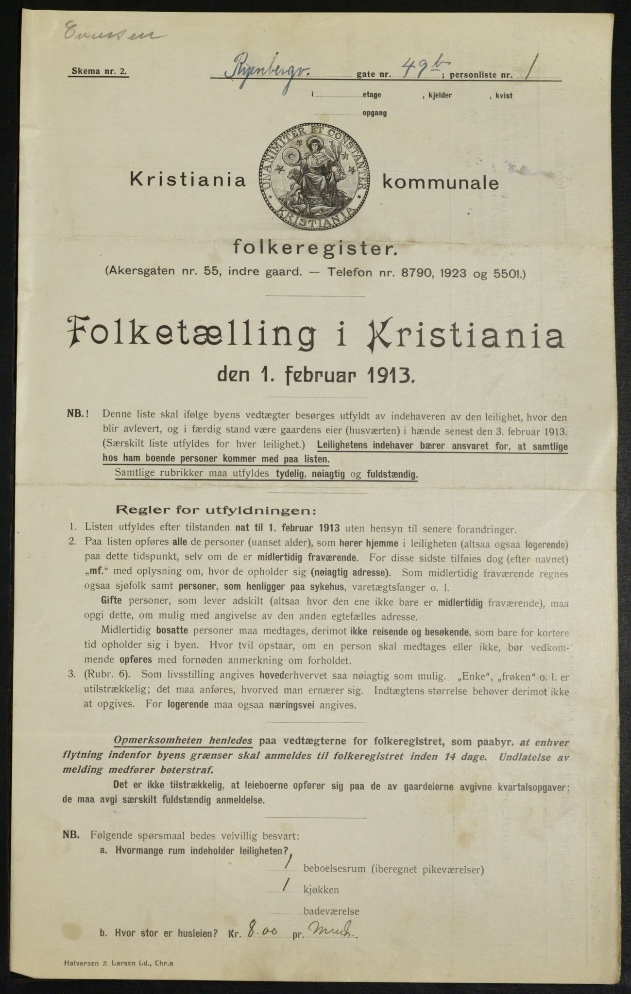 OBA, Municipal Census 1913 for Kristiania, 1913, p. 85850