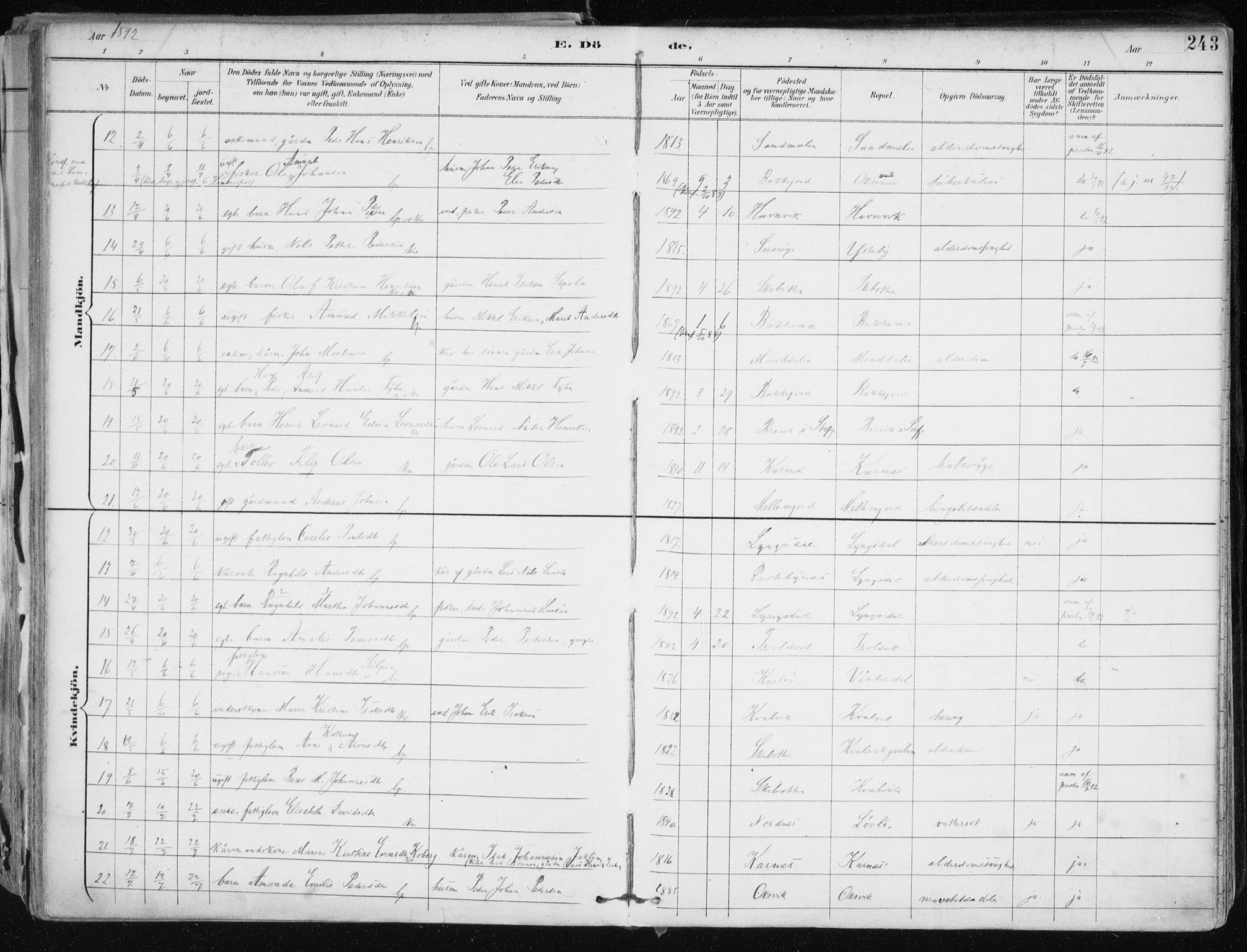 Lyngen sokneprestembete, SATØ/S-1289/H/He/Hea/L0008kirke: Parish register (official) no. 8, 1891-1902, p. 243