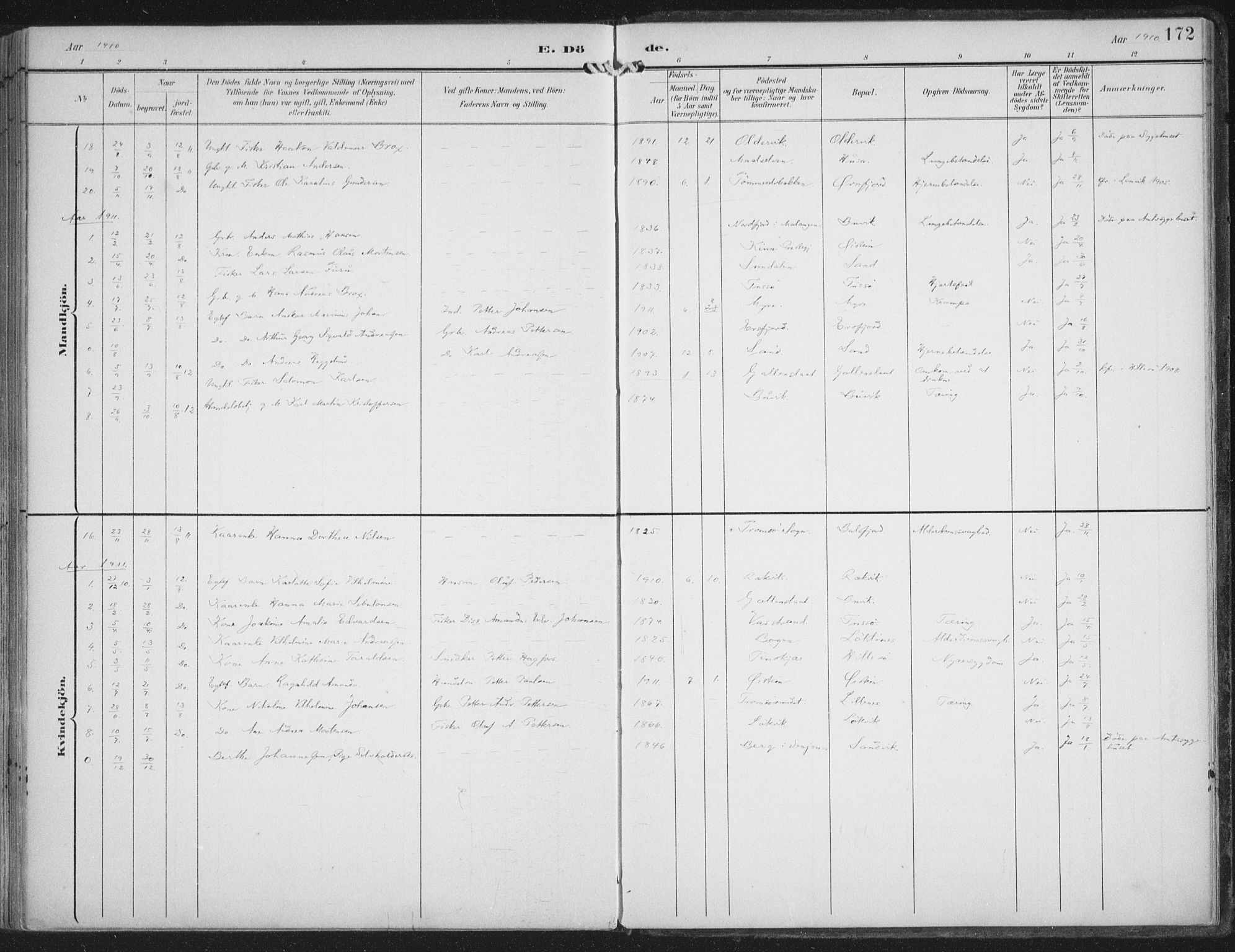 Lenvik sokneprestembete, AV/SATØ-S-1310/H/Ha/Haa/L0015kirke: Parish register (official) no. 15, 1896-1915, p. 172