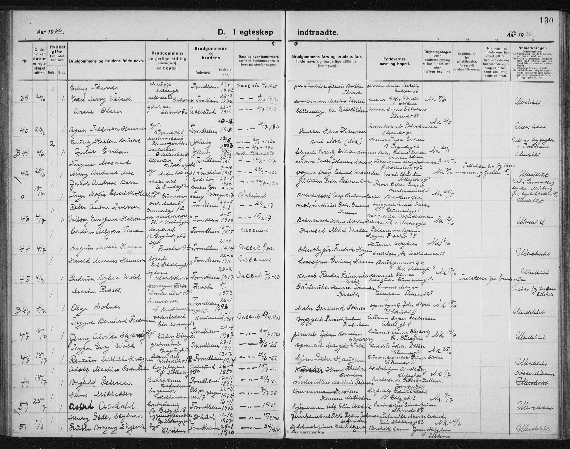 Ministerialprotokoller, klokkerbøker og fødselsregistre - Sør-Trøndelag, AV/SAT-A-1456/605/L0260: Parish register (copy) no. 605C07, 1922-1942, p. 130