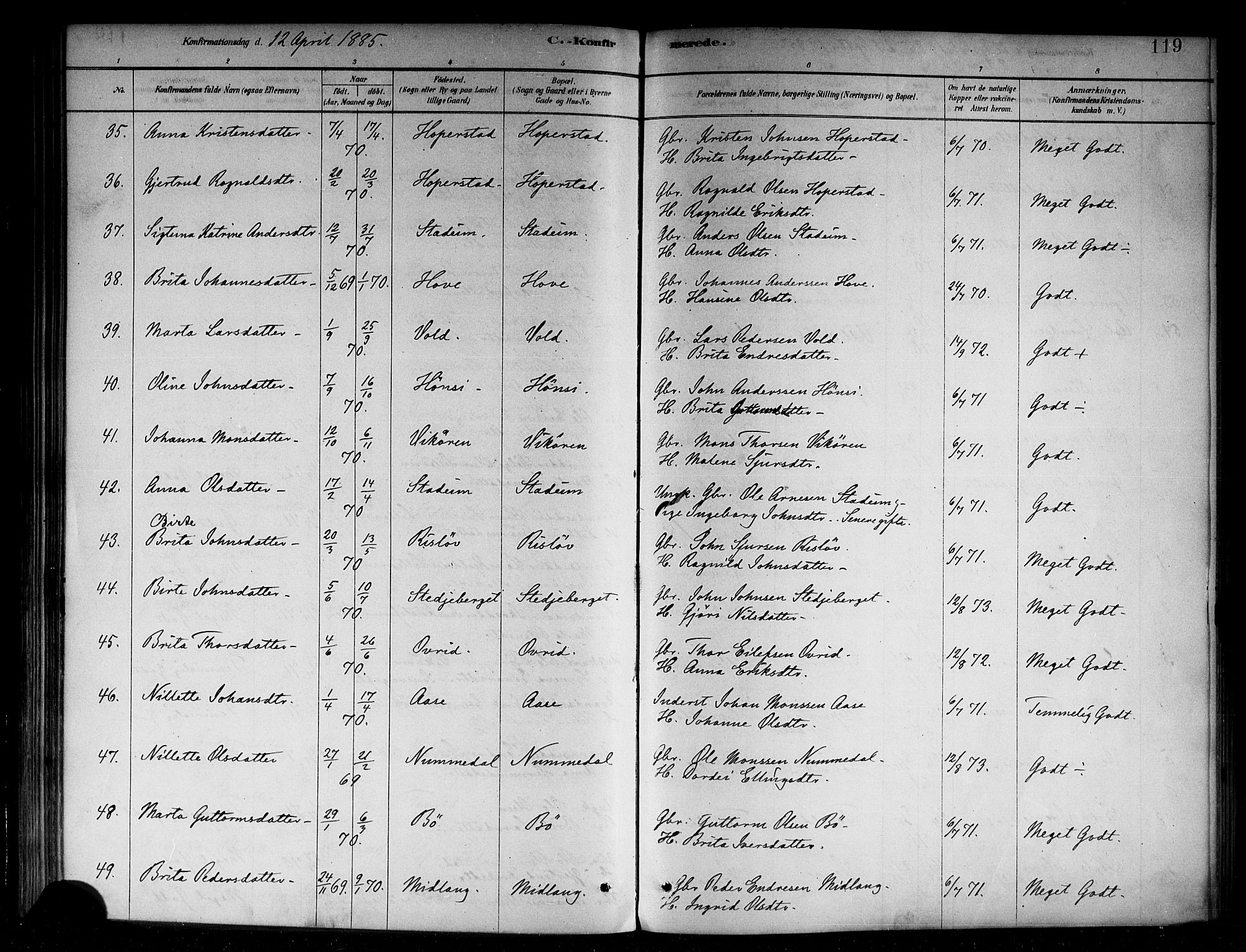 Vik sokneprestembete, SAB/A-81501: Parish register (official) no. B 1, 1878-1890, p. 119