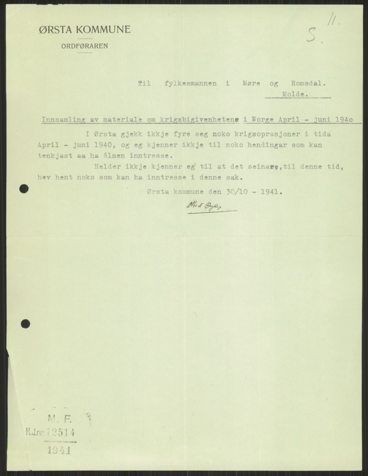 Forsvaret, Forsvarets krigshistoriske avdeling, AV/RA-RAFA-2017/Y/Ya/L0015: II-C-11-31 - Fylkesmenn.  Rapporter om krigsbegivenhetene 1940., 1940, p. 852