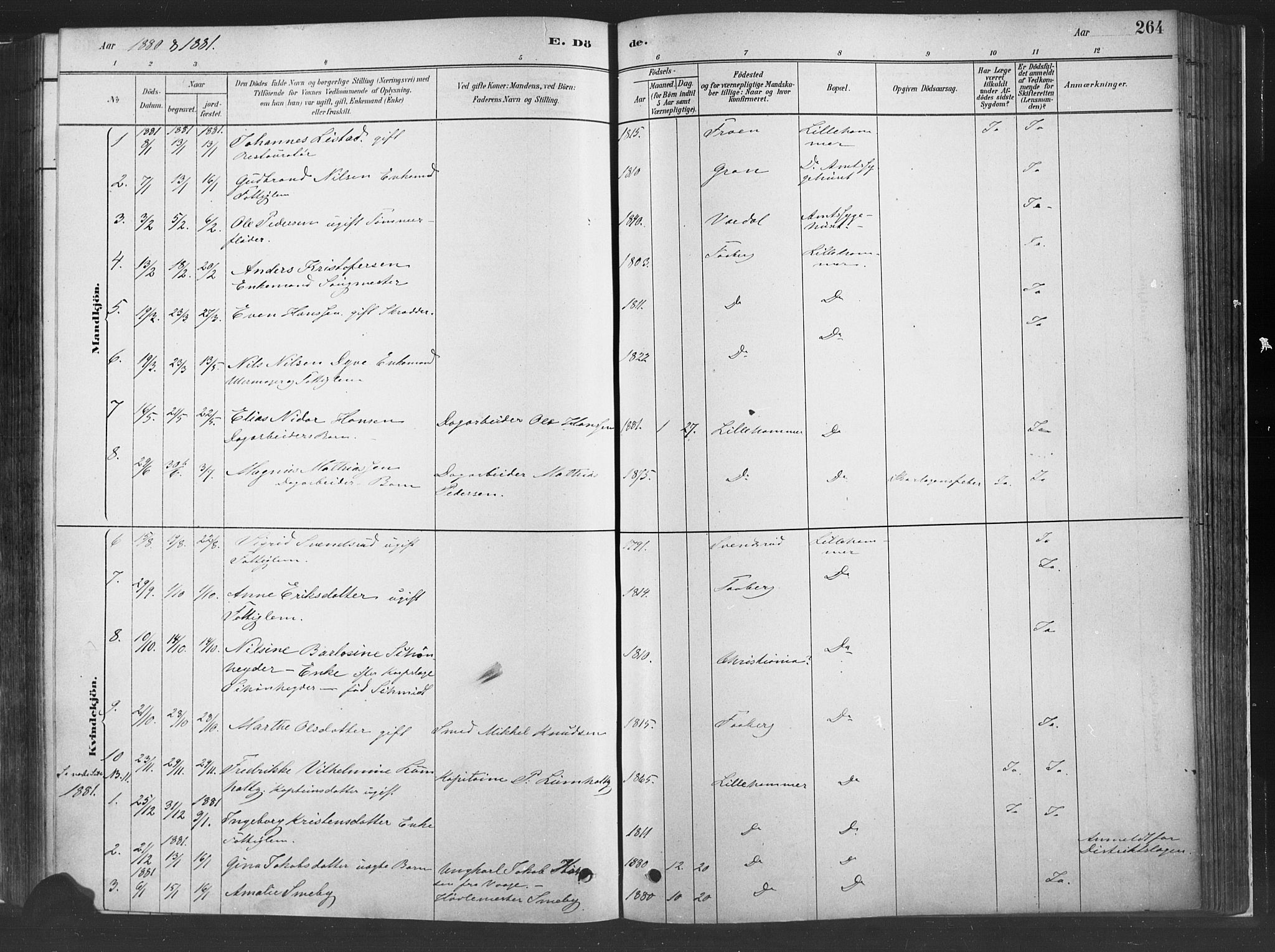 Fåberg prestekontor, SAH/PREST-086/H/Ha/Haa/L0010: Parish register (official) no. 10, 1879-1900, p. 264