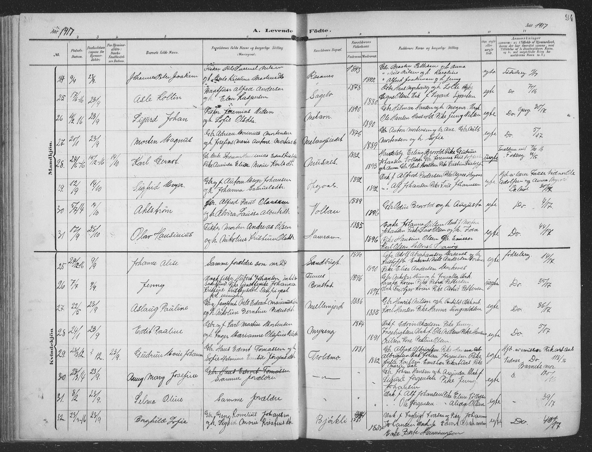 Balsfjord sokneprestembete, AV/SATØ-S-1303/G/Ga/L0009klokker: Parish register (copy) no. 9, 1906-1920, p. 94