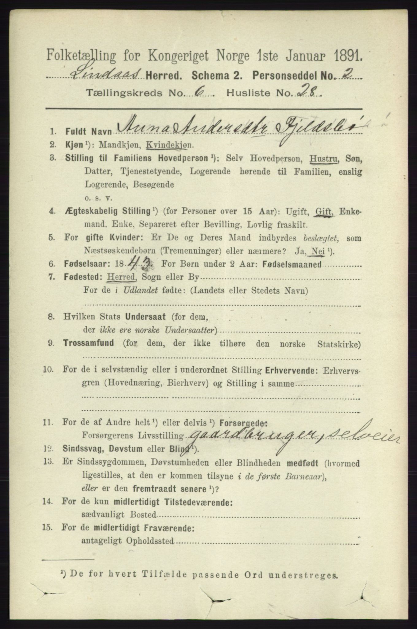 RA, 1891 census for 1263 Lindås, 1891, p. 2031