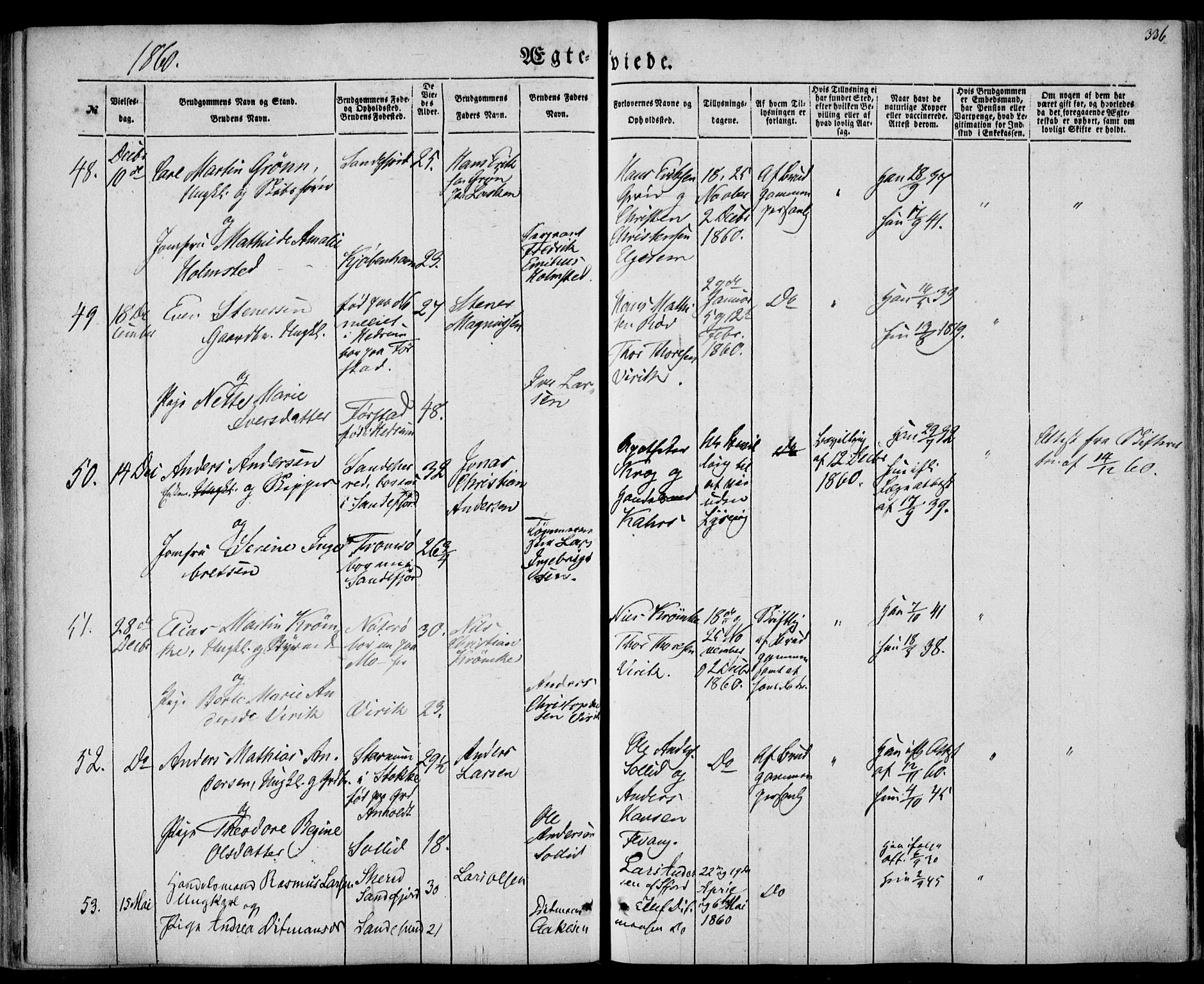 Sandar kirkebøker, AV/SAKO-A-243/F/Fa/L0007: Parish register (official) no. 7, 1855-1861, p. 336