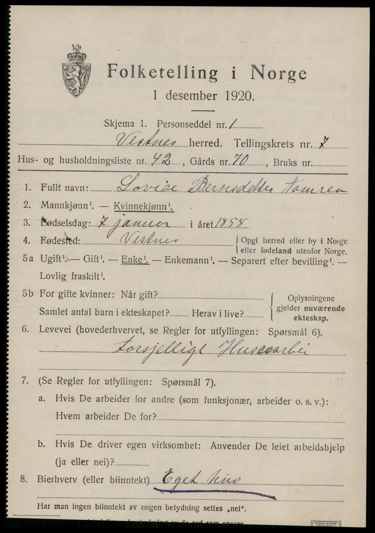 SAT, 1920 census for Vestnes, 1920, p. 5573