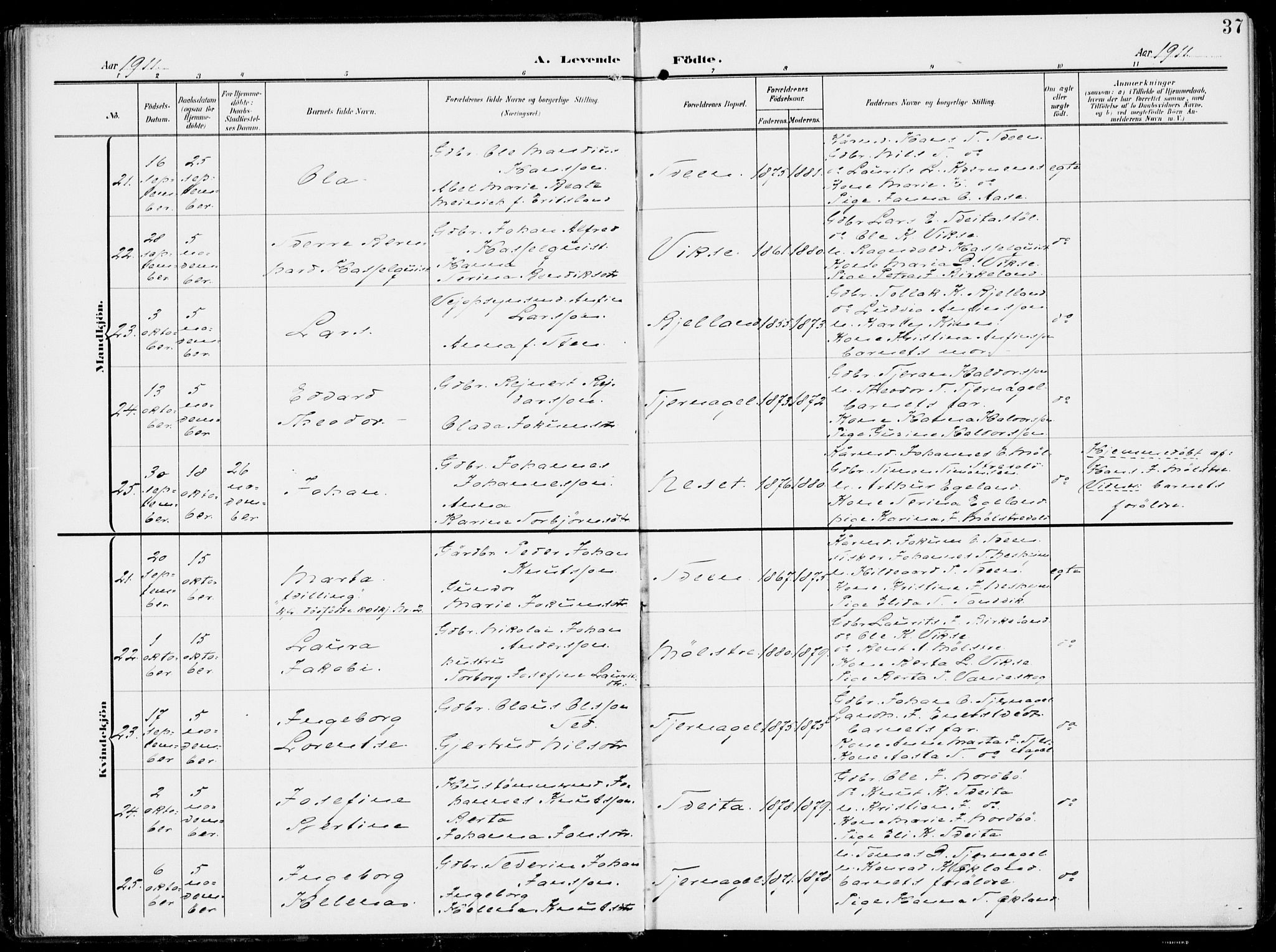 Sveio Sokneprestembete, AV/SAB-A-78501/H/Haa: Parish register (official) no. B  4, 1906-1919, p. 37