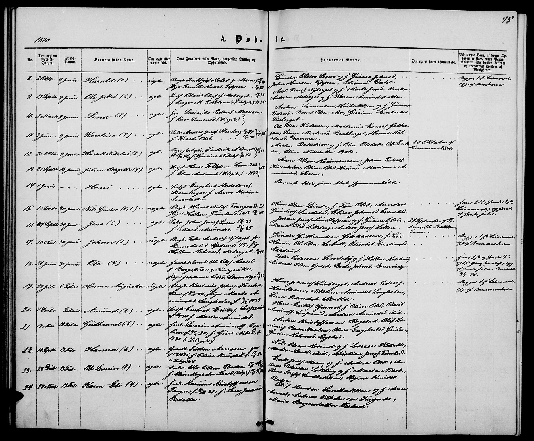 Elverum prestekontor, SAH/PREST-044/H/Ha/Hab/L0004: Parish register (copy) no. 4, 1866-1874, p. 45