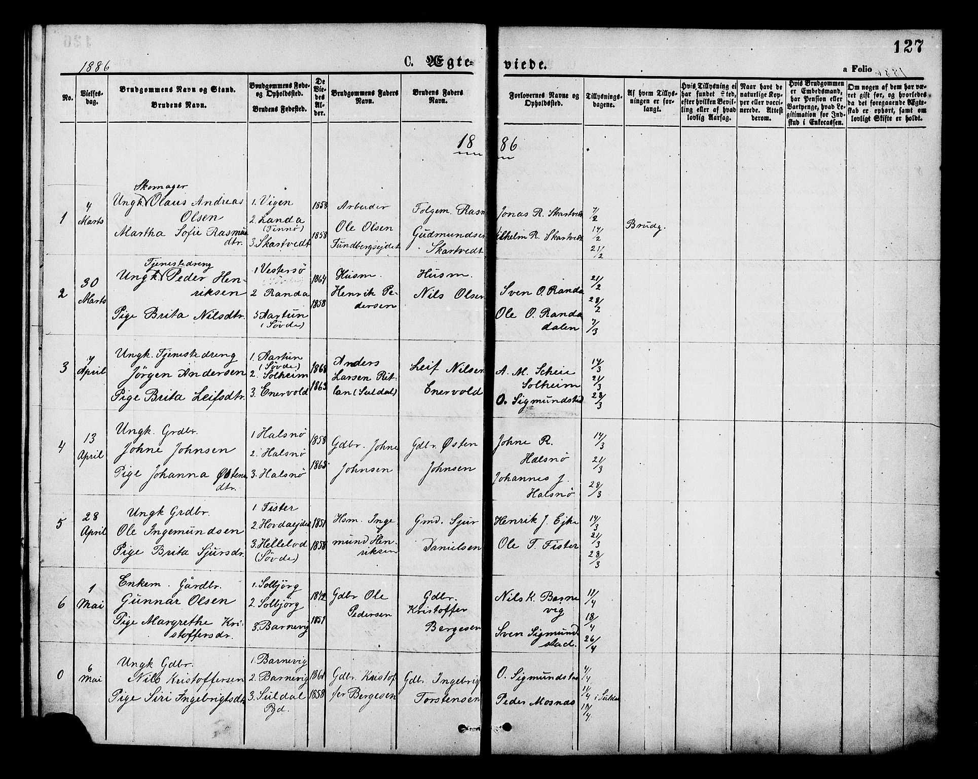 Hjelmeland sokneprestkontor, SAST/A-101843/01/IV/L0013: Parish register (official) no. A 13, 1872-1886, p. 127
