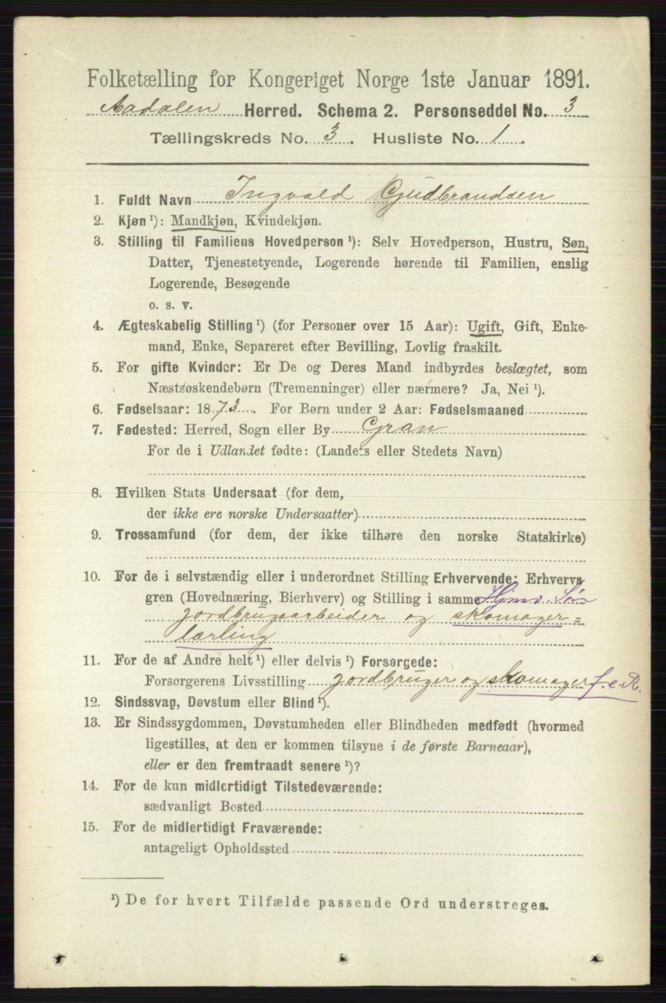 RA, 1891 census for 0614 Ådal, 1891, p. 1030