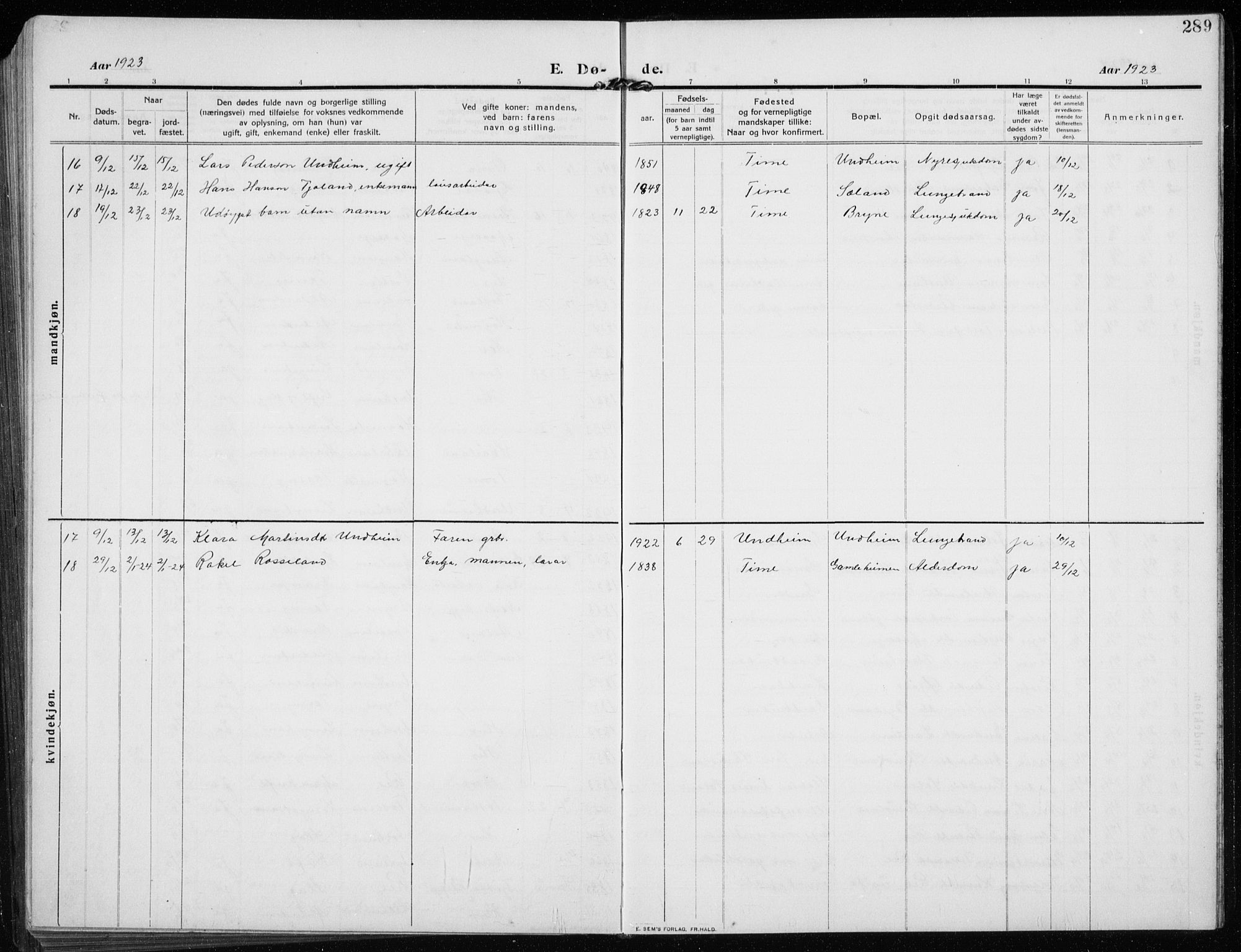 Time sokneprestkontor, SAST/A-101795/001/30BB/L0001: Parish register (copy) no. B 1, 1910-1932, p. 289
