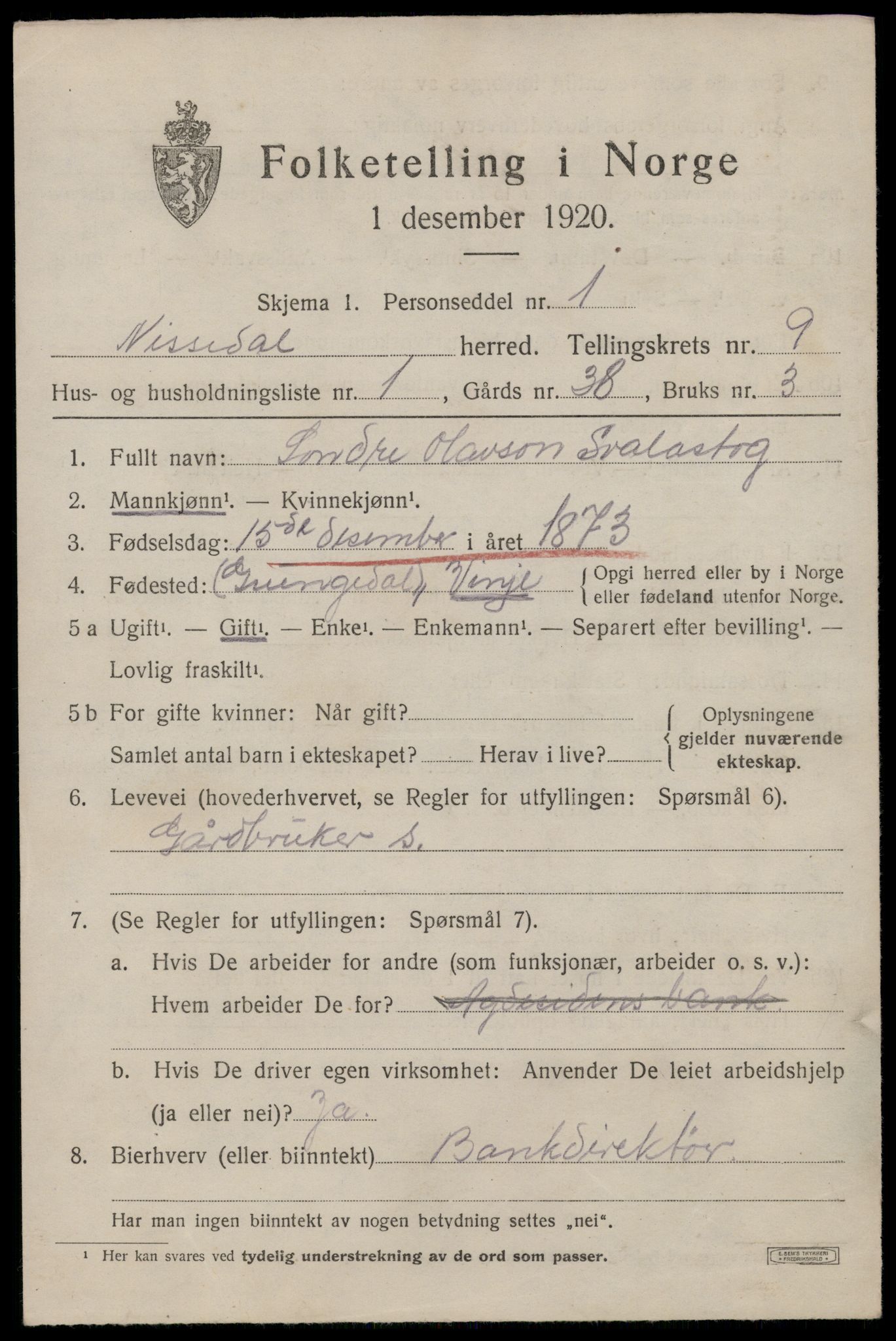 SAKO, 1920 census for Nissedal, 1920, p. 3491