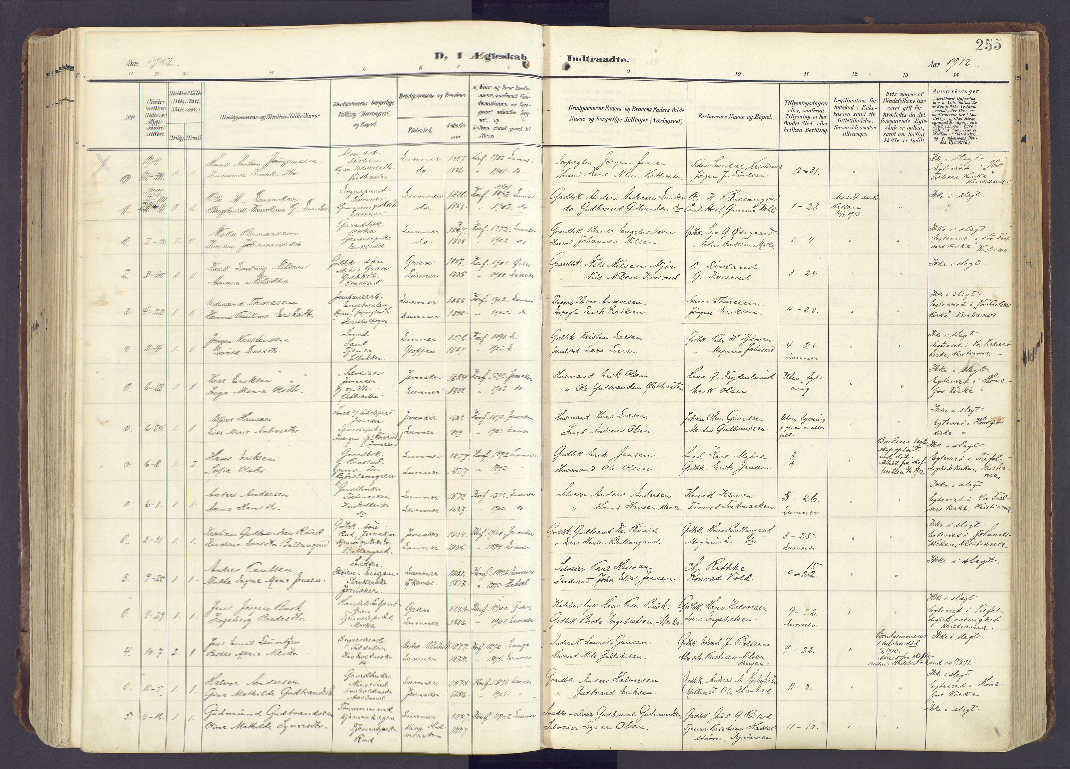 Lunner prestekontor, SAH/PREST-118/H/Ha/Haa/L0001: Parish register (official) no. 1, 1907-1922, p. 255