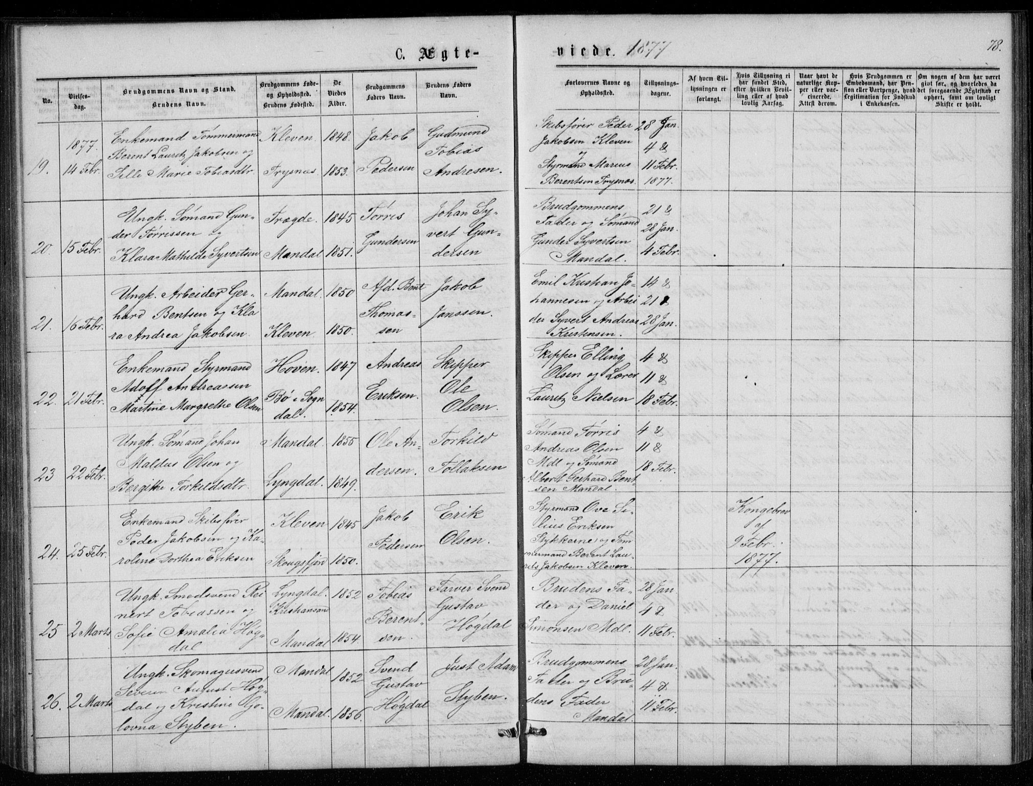 Mandal sokneprestkontor, AV/SAK-1111-0030/F/Fb/Fba/L0010: Parish register (copy) no. B 4, 1876-1880, p. 78