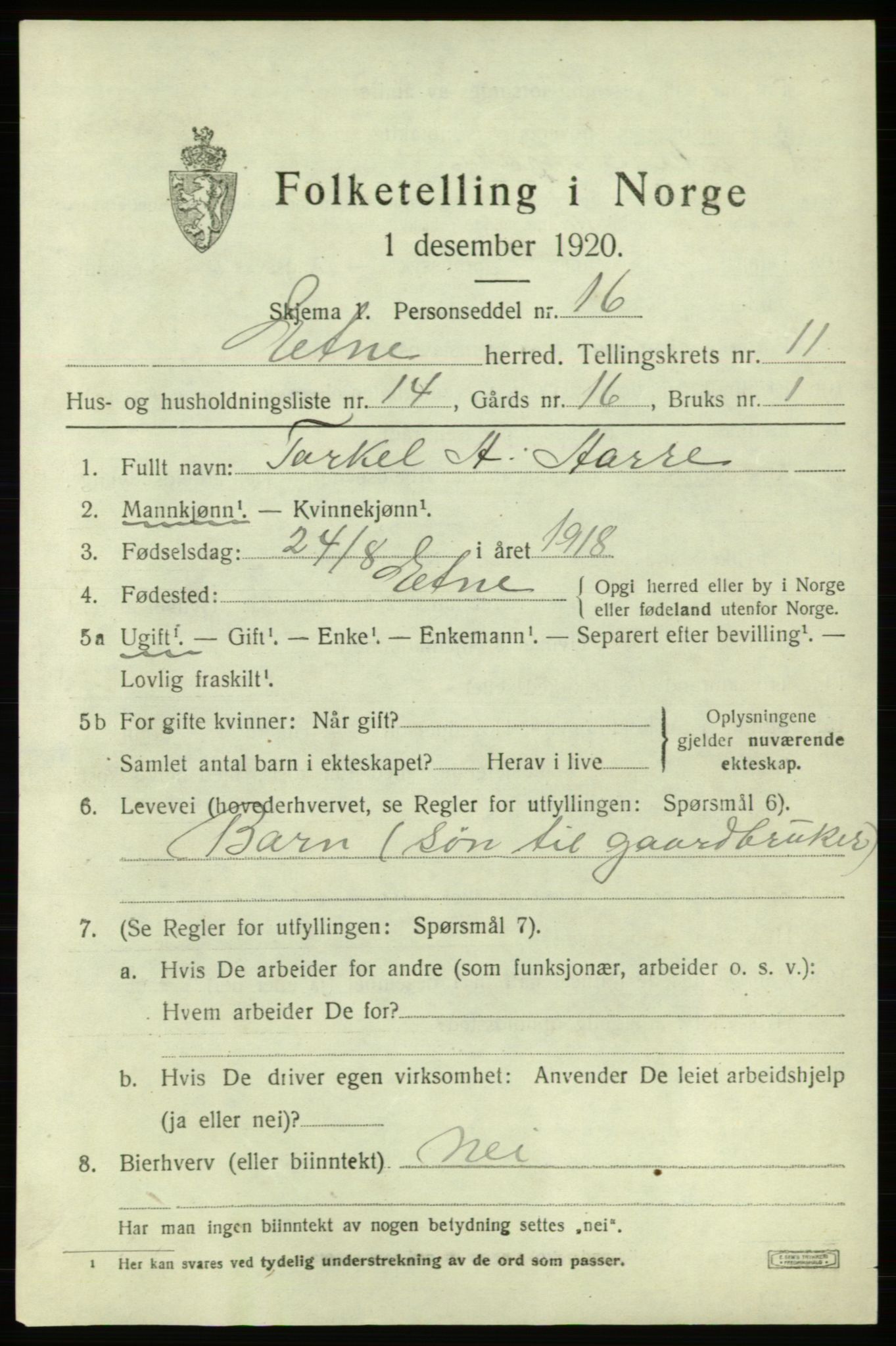 SAB, 1920 census for Etne, 1920, p. 4845