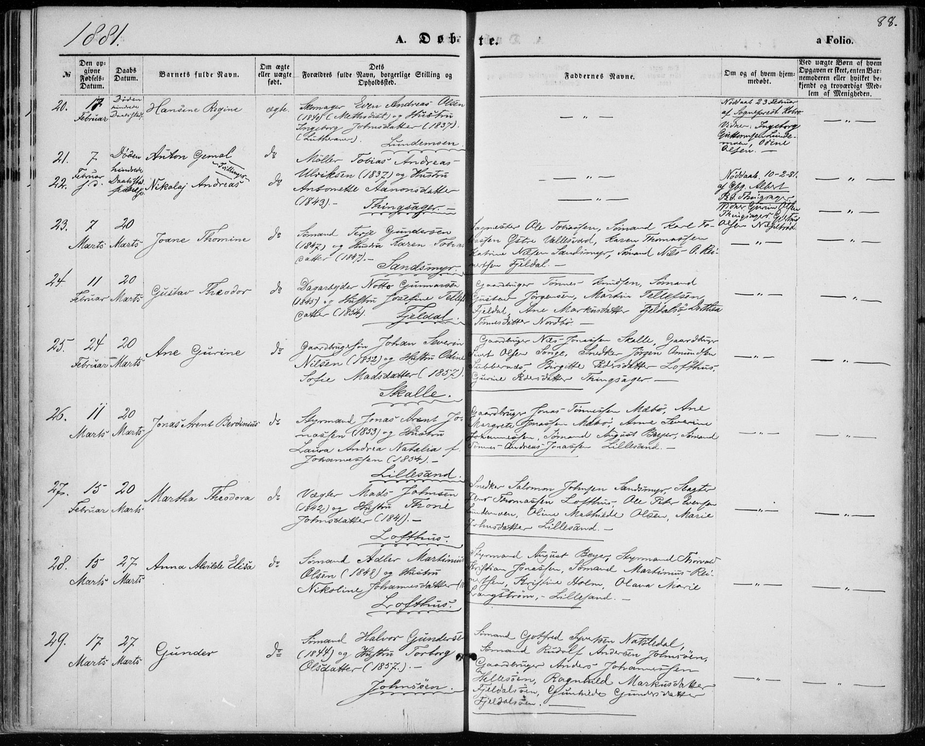 Vestre Moland sokneprestkontor, AV/SAK-1111-0046/F/Fa/Fab/L0008: Parish register (official) no. A 8, 1873-1883, p. 88