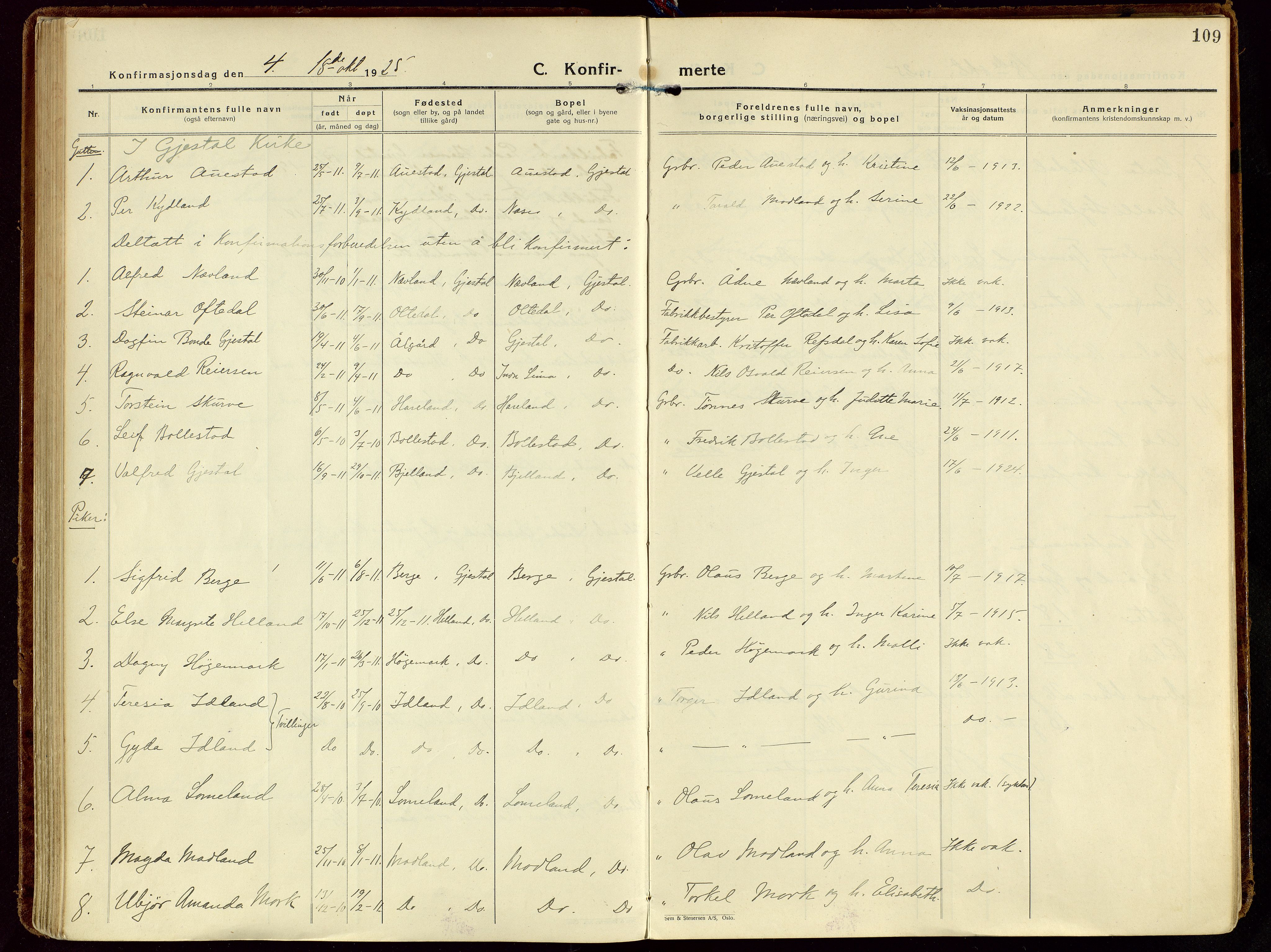 Gjesdal sokneprestkontor, SAST/A-101796/003/O/L0001: Parish register (official) no. A 1, 1925-1949, p. 109