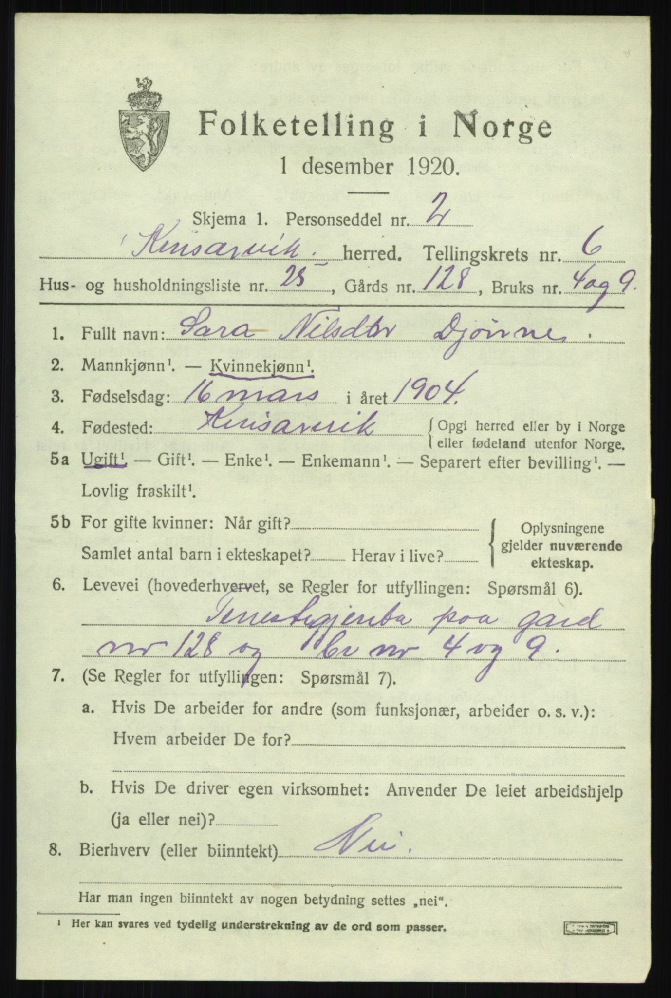 SAB, 1920 census for Kinsarvik, 1920, p. 3148