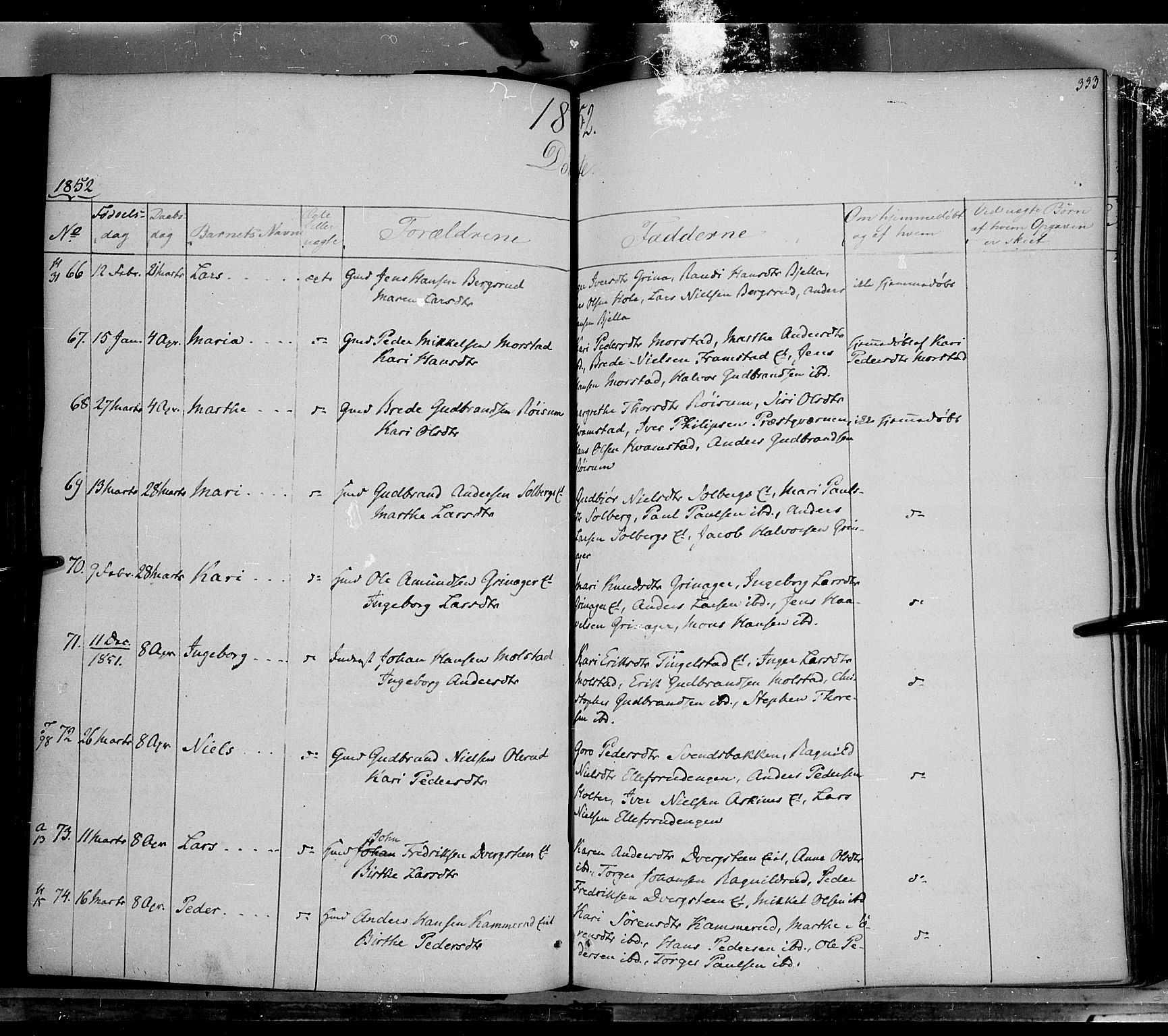 Gran prestekontor, AV/SAH-PREST-112/H/Ha/Haa/L0011: Parish register (official) no. 11, 1842-1856, p. 332-333