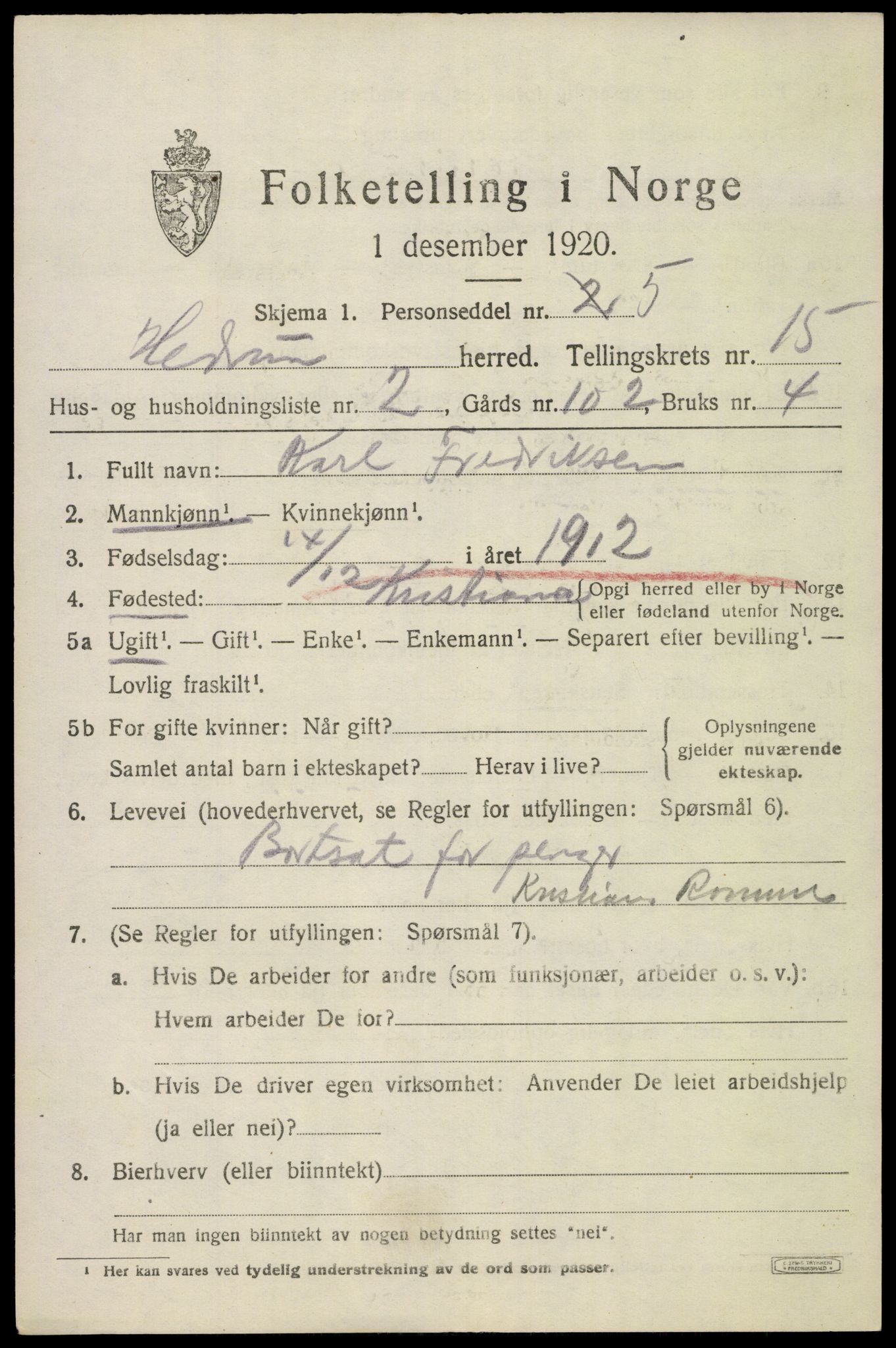 SAKO, 1920 census for Hedrum, 1920, p. 9909