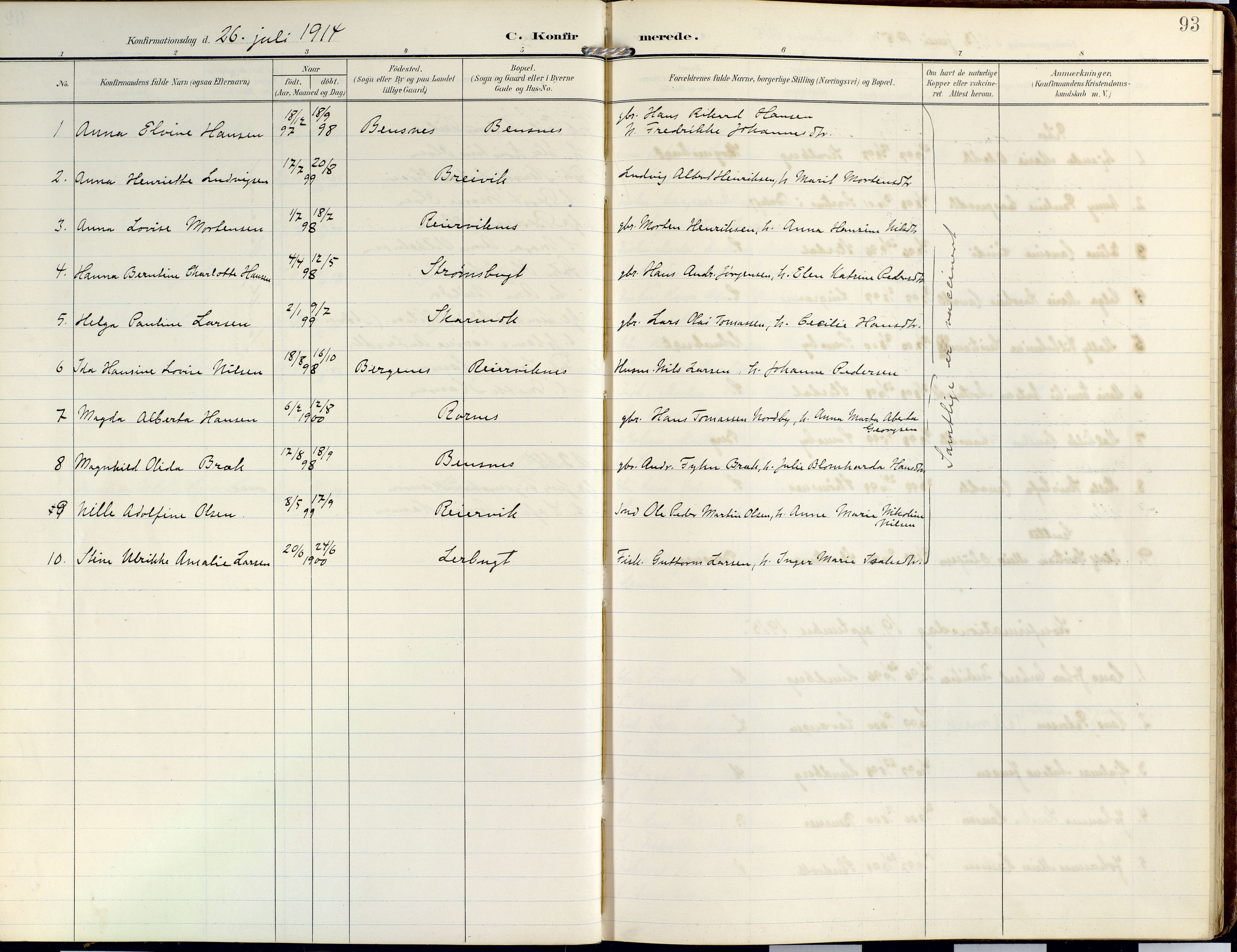 Lyngen sokneprestembete, SATØ/S-1289/H/He/Hea/L0014kirke: Parish register (official) no. 14, 1905-1920, p. 93
