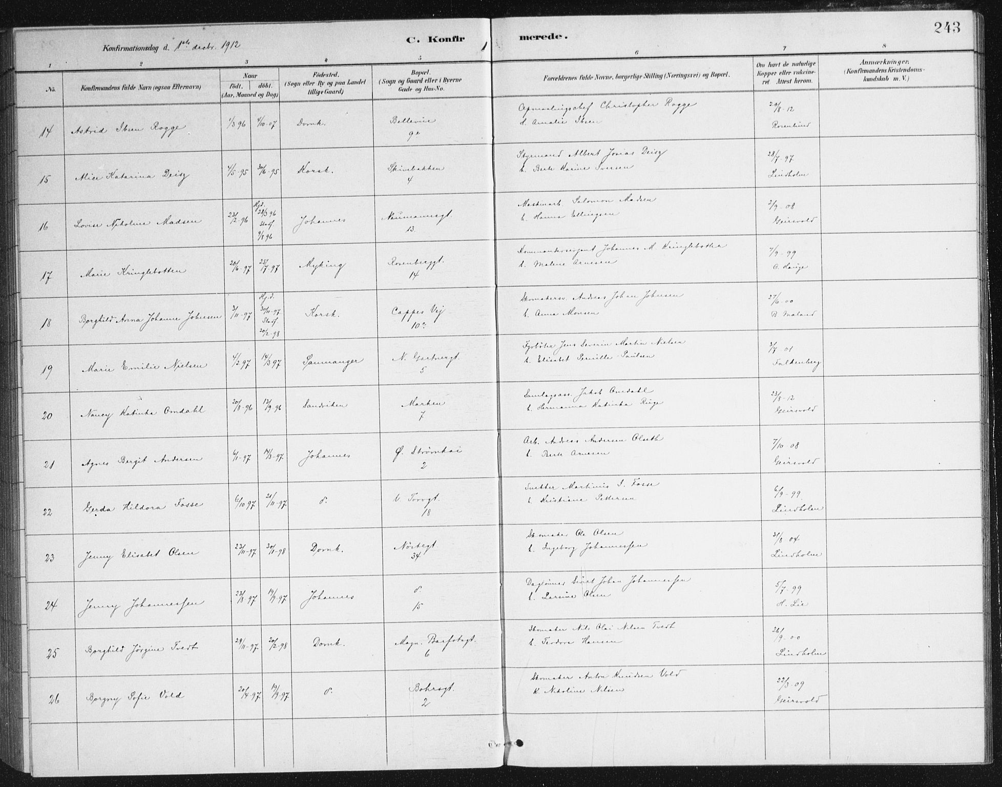 Domkirken sokneprestembete, AV/SAB-A-74801/H/Haa/L0066: Curate's parish register no. A 4, 1880-1912, p. 243