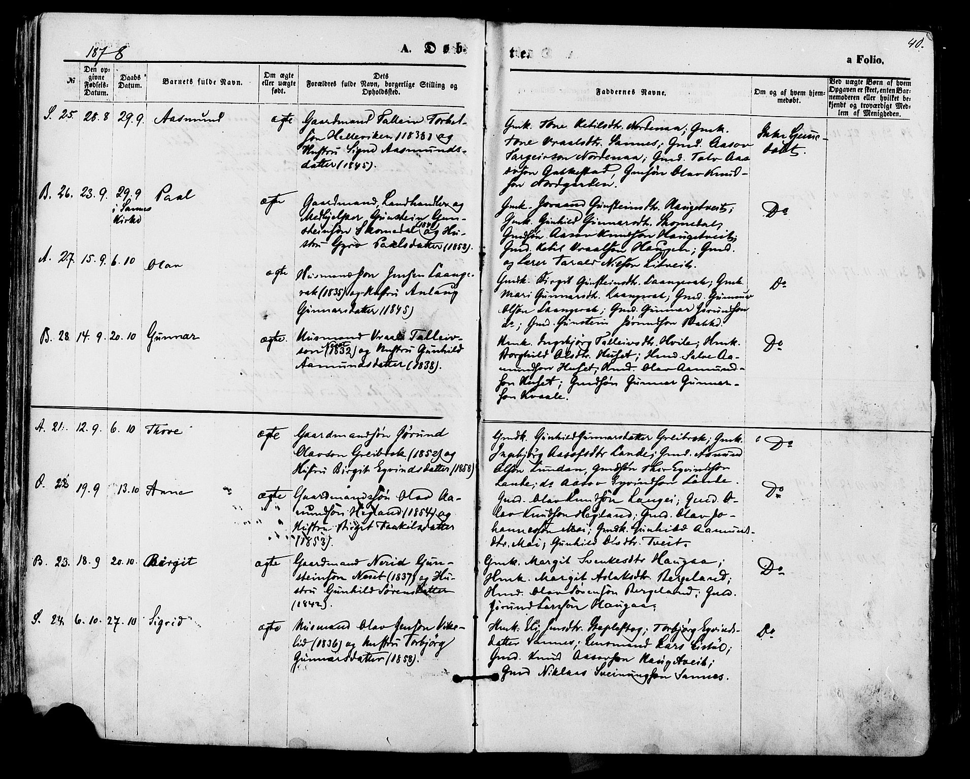 Bygland sokneprestkontor, AV/SAK-1111-0006/F/Fa/Fab/L0006: Parish register (official) no. A 6, 1873-1884, p. 40