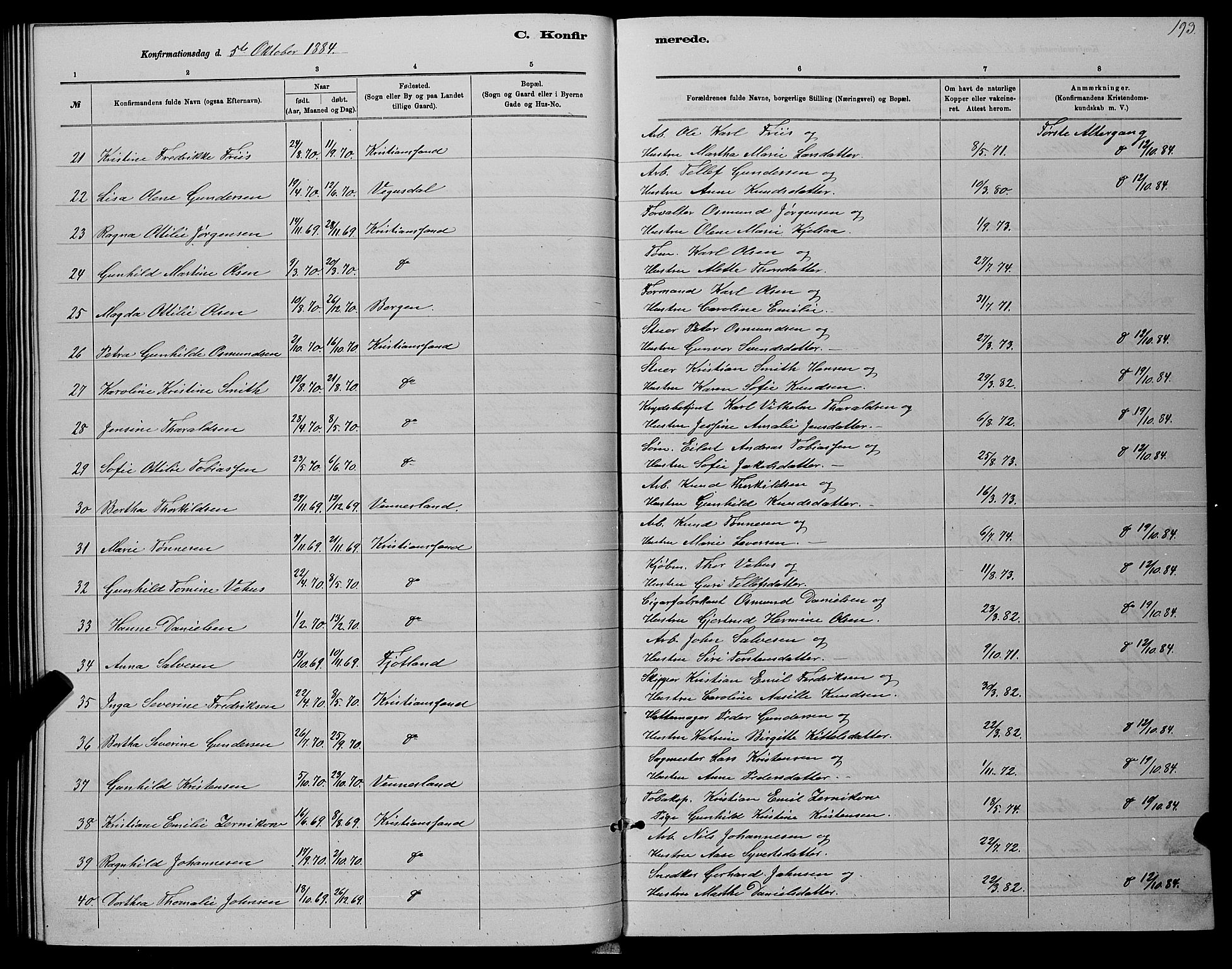 Kristiansand domprosti, SAK/1112-0006/F/Fb/L0016: Parish register (copy) no. B 16, 1881-1893, p. 193