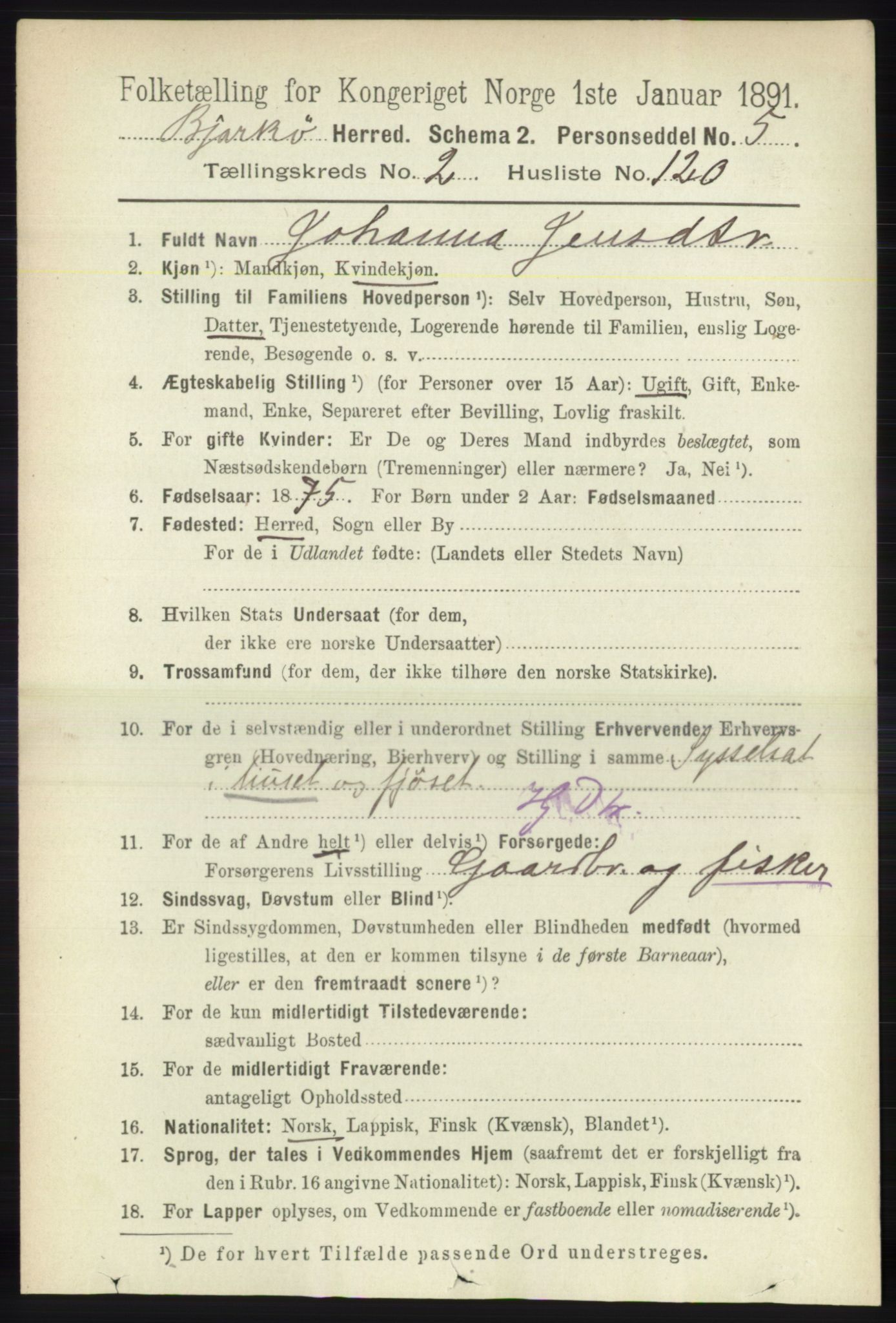 RA, 1891 census for 1915 Bjarkøy, 1891, p. 1469